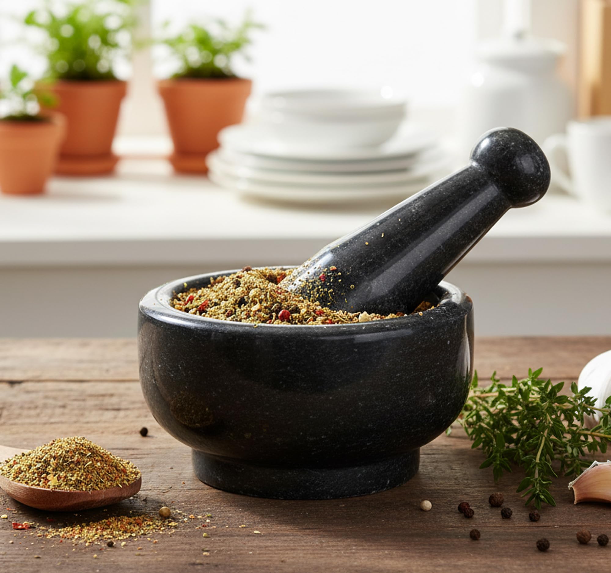 5" Wide Black Natural Stone Mortar and Pestle Set as Spice, Medicine Grinder Masher - Okhli And Musal