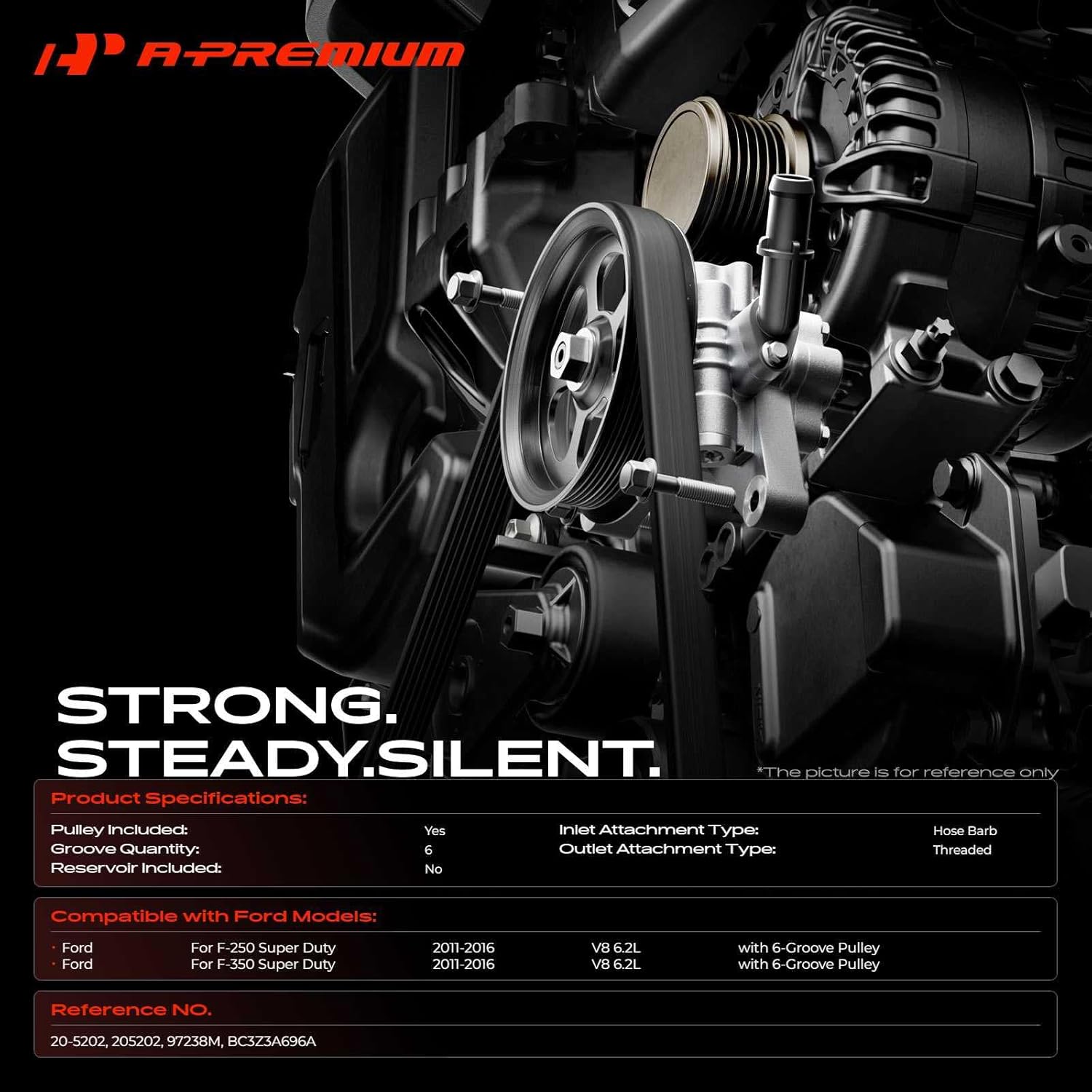 A-Premium Power Steering Pump, with Pulley, Compatible with Ford F-250 F-350 Super Duty, 2011 2012 2013 2014 2015 2016, 6.2L