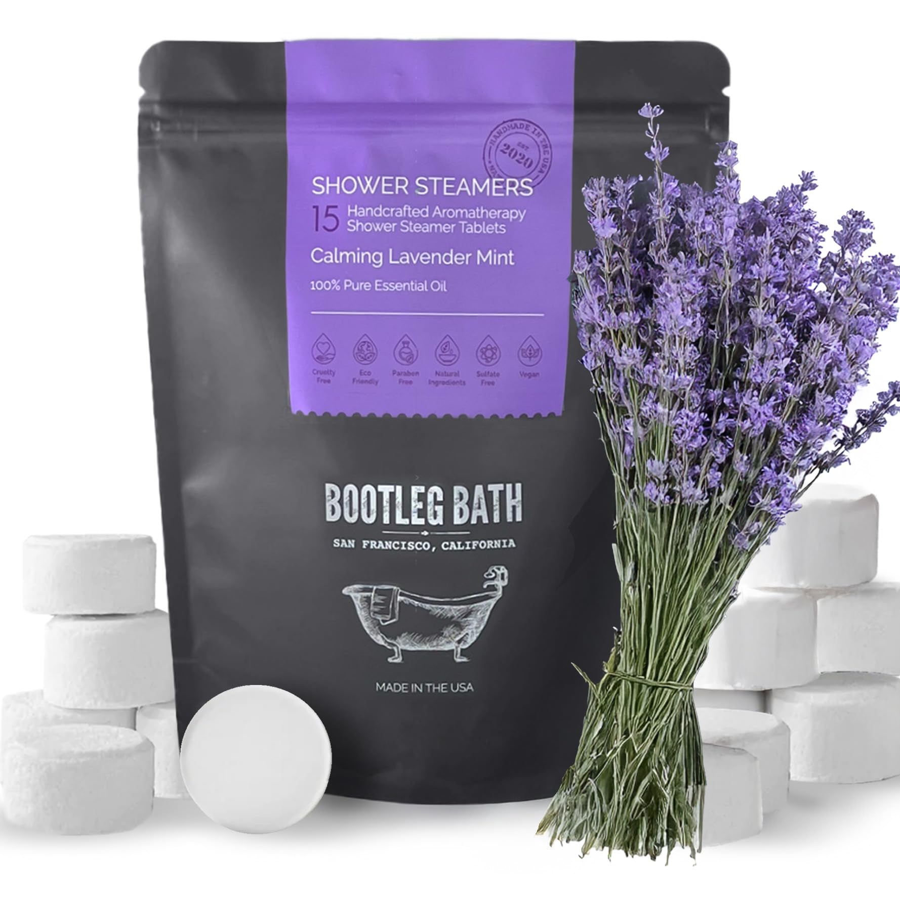 BOOTLEG BATH Shower Steamers Aromatherapy Lavender 15 Pack, 100% Pure Essential Oil, All Natural, for Men and Women, Made in USA