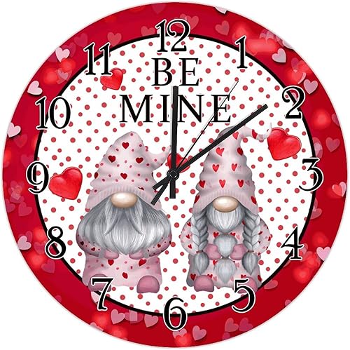 Reloj de pared decorativo con diseño de gnomo y corazón de lunares rojos, para el día de San Valentín, gnomos, pareja, sé mía, relojes de pared de