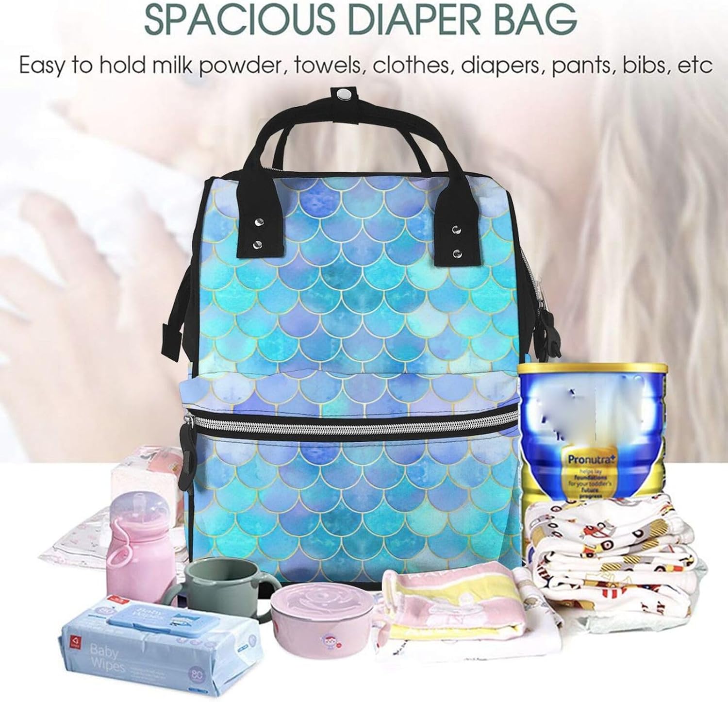 Elegant Gold Mermaid Scale Print Mummy backpack Large, Waterproof,Adjustable Straps for Outdoor Activities