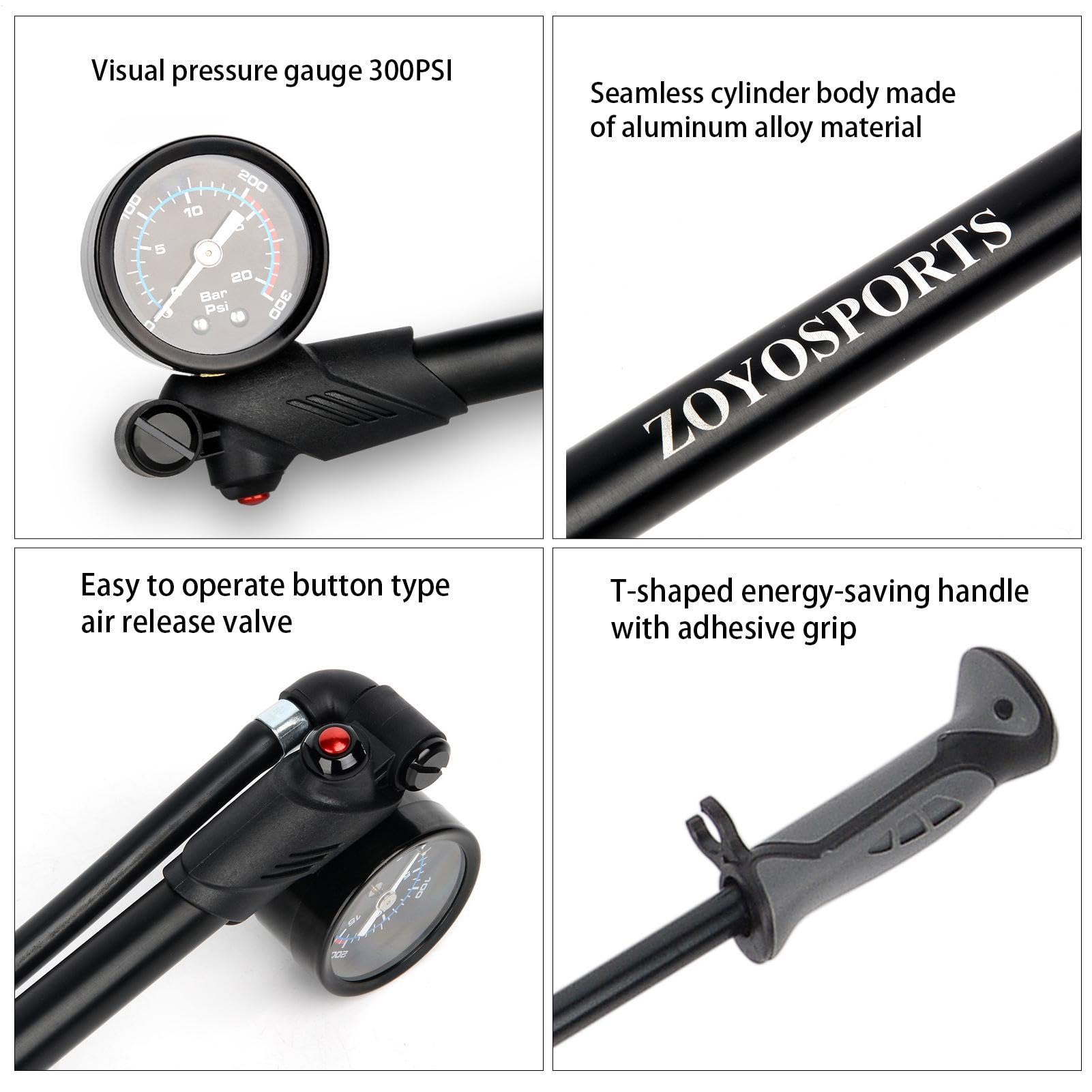 Fahrrad-Dämpferpumpe – 300 psi Hochdruck-Federungspumpe | Robuste Fahrradpumpe aus Aluminiumlegierung mit Manometer, drehbarem Schlauch und Entlüftungsfunktion | Universelles Werkzeug für Gabeln u