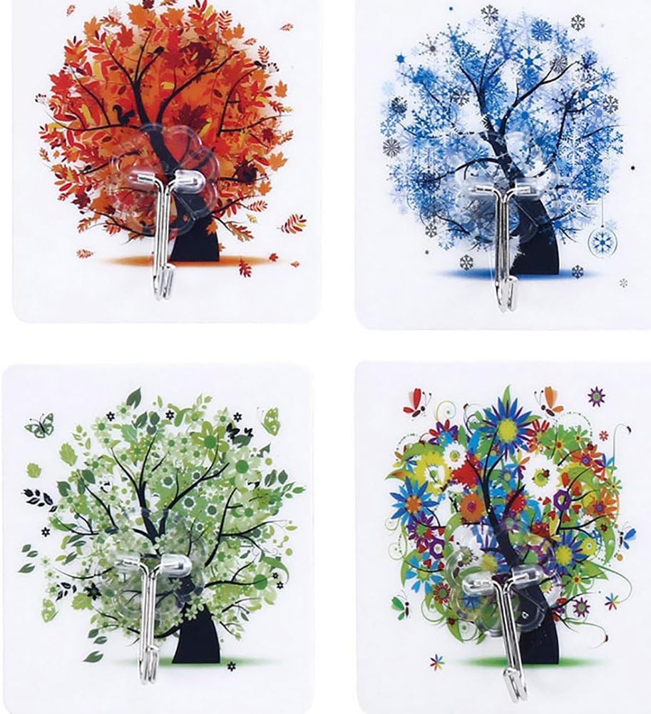 WOODYGAGA 13.2lb/6kg (Max) Strong Adhesive Seamless Hooks Reusable Heavy Duty Wall Stickers for Towel No Scratch, Waterproof and Oilproof (Four Seasons Tree Pattern)