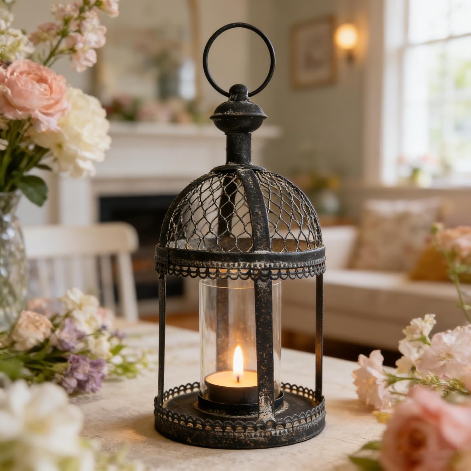 Vintage Black Metal Lantern with Glass Insert 13in Candle Holder Stand Distressed Rustic Shabby Candlestick Tabletop Ornament for Tables Centerpiece Shelf Home Garden Wedding Part Farmhouse Decor