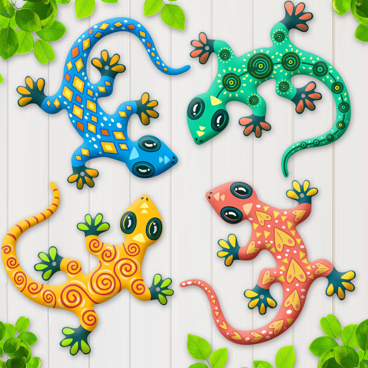 Metal Gecko Wall Decor- 4 Pack 8.7 inches Lizards Decoration for Outdoor Indoor Garden Backyard Fence Patio,Gift for Family Friends(4 Pack)