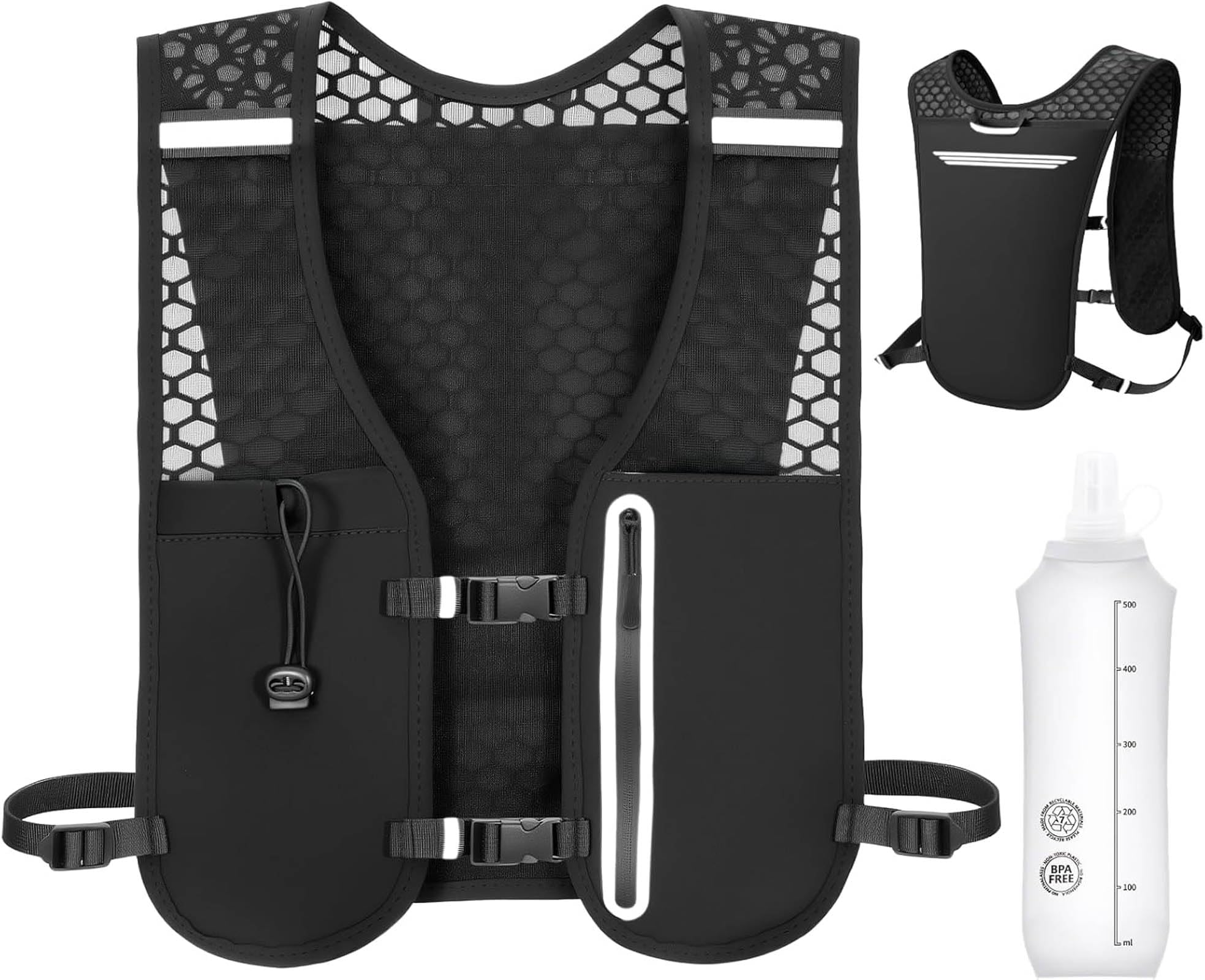 Laufweste Damen und Herren, Trinkweste mit 500ml Trinkflasche, Verstellbare Brustgurte, Leichter Trinkrucksack Runing Vest Reflektierend für Joggen Wandern Bergsteigen Radfahren Marathon