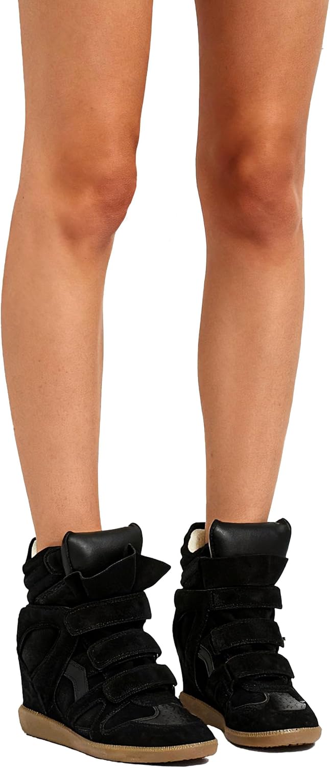 Wedge Sneakers for Women Suede Tennis Shoes Hidden Wedges Round Toe Strappy High Top Sneakers Comfy Casual Walking Shoes - Image 2