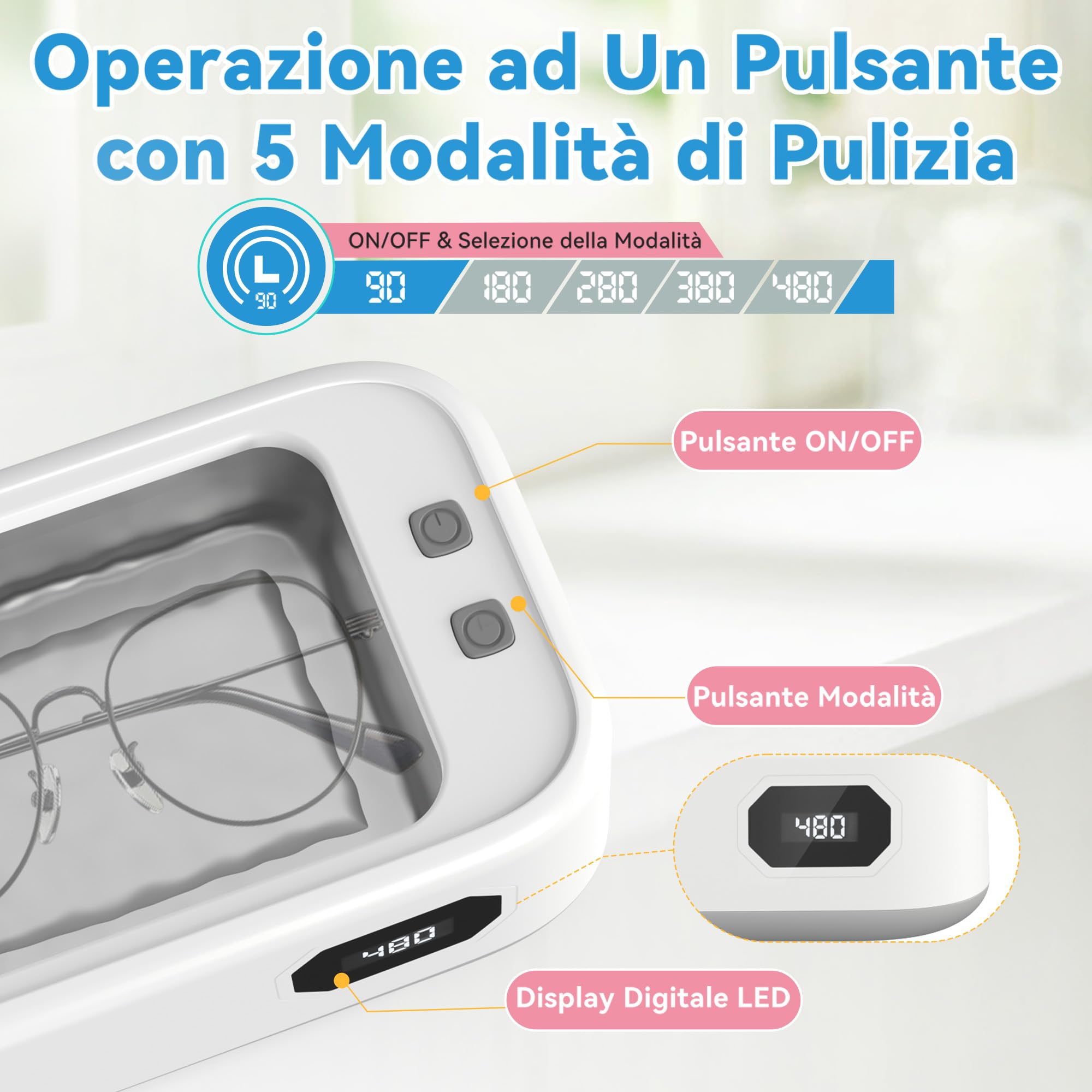 Pulitore Ultrasuoni，alta frequenza 49KHz ultrasonic cleaner，grande capacità 640ml display LED timer a 5 livelli portatile pulitore ultrasuoni apparecchio denti，adatto per gioielli, occhiali, anelli, o