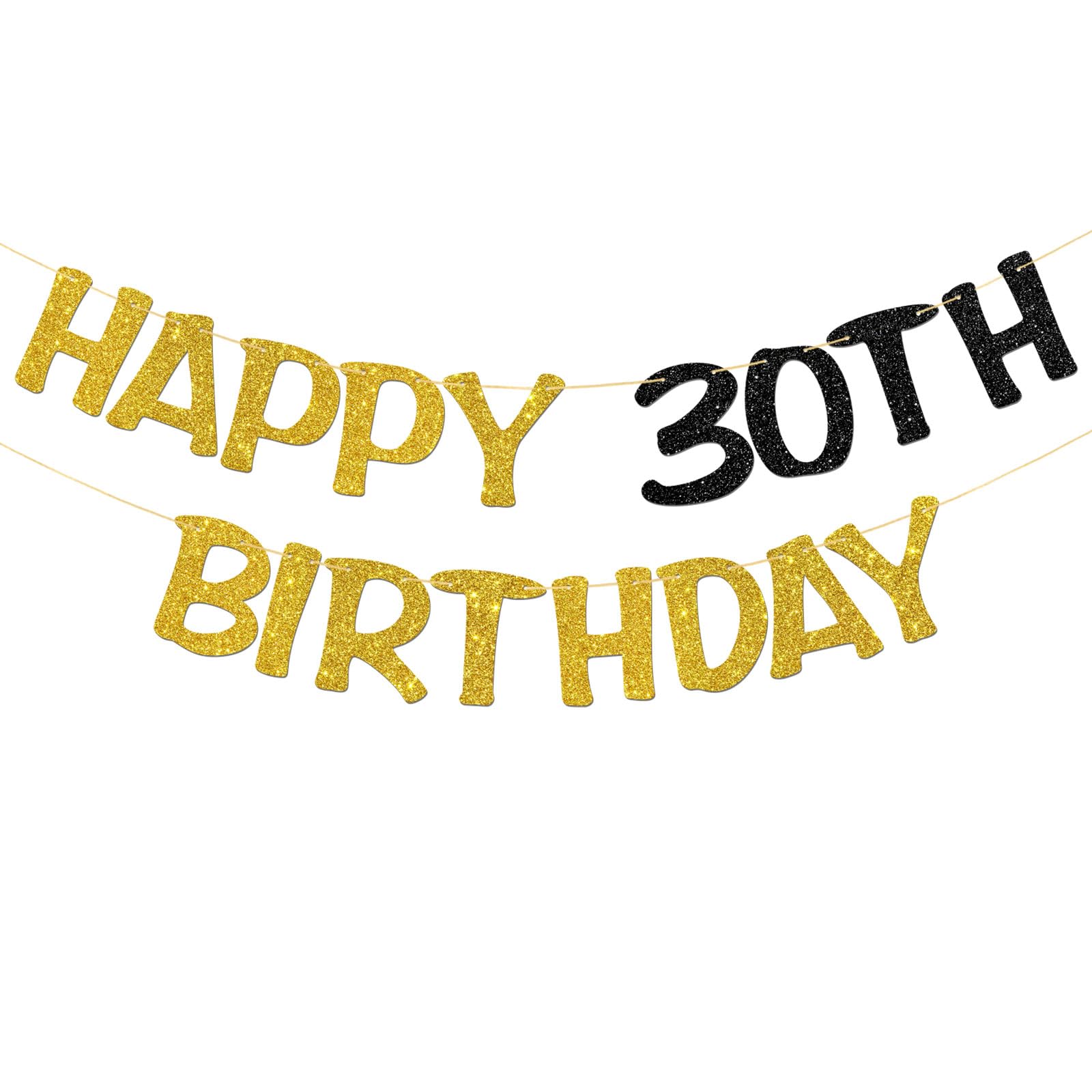 Happy 30th Birthday Banner - Adult 30th Birthday Party Garland Supplies - Cheers to 30 Years Party Decorations - Gold Black Glitter