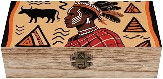 Wood Keepsake Box with Hinged Lid Handmade Wooden Wedding Memory Treasure Boxes Organizer Decorative African Art Storage Box for Jewelry Coins Cards Photos Letters Crafts Storage