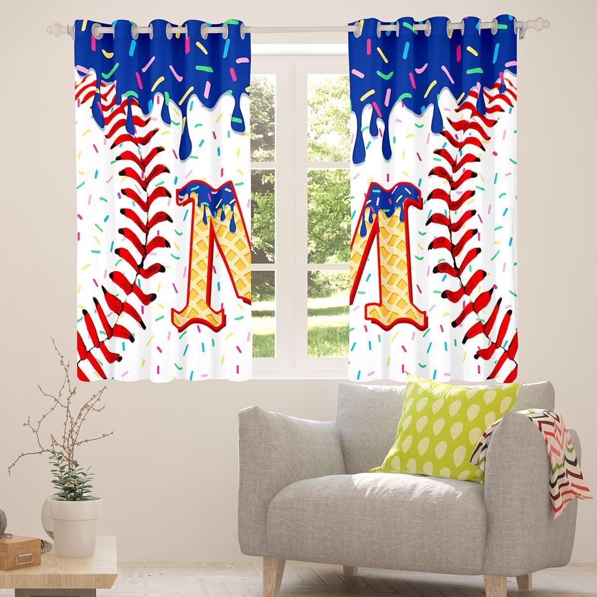 Erosebridal Baseball Blackout Curtains for Bedroom Living Room Boys Custom Alphabet M Window Curtains 2 Panels 52" Wx63 L Sweet Candy Ice Cream Drapes Sports Ball Themed Window Treatments