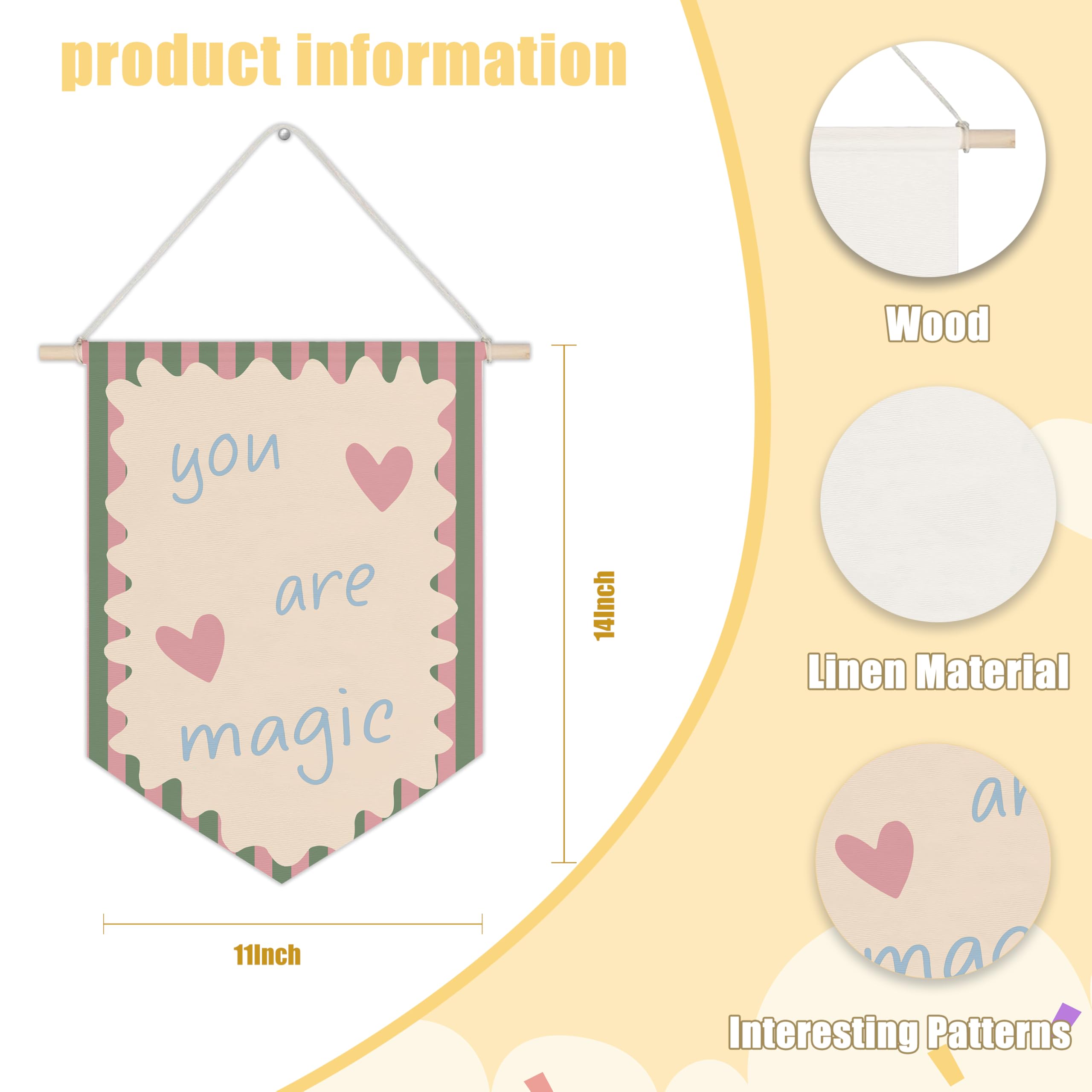 WUCHJ Girl Nursery Canvas Wall Banners, You Are Magic Green and Pink Girly Hanging Display Pennant Flags, Inspirational Wall Decor for Baby Girls Nursery Toddler Room Bedroom Playroom 11x14 Inch