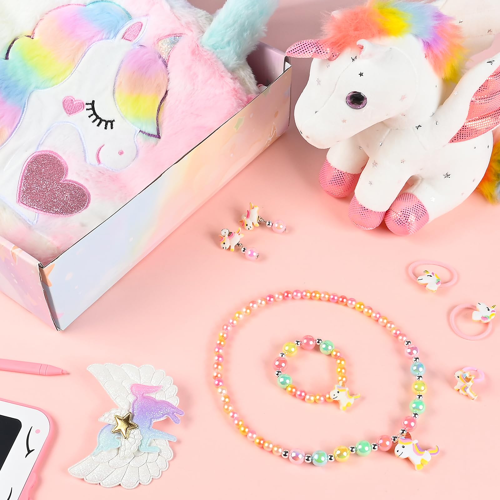 Euakee Unicornio Juguete Regalos Cumpleaños para Niñas 4-10 Años, Set de Joyas, Bolsa de Peluche, Colgante (Colorido)