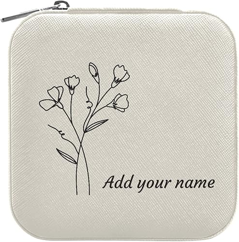 JUNZAN Joyero de viaje personalizado Flor de nacimiento Joyero personalizado Joyero personalizado Caja de viaje de joyería personalizada-Beige