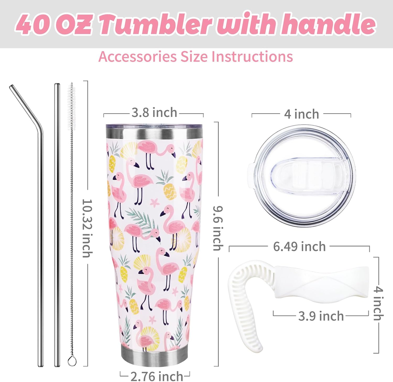 Flamingo 40oz Tumbler with Handle and Straw, Pineapple Flamingo Cup Coffee Mug Stainless Steel Insulated Water Bottle, Yellow Pink Flamingo Gifts for Women Girl Birthday Christmas