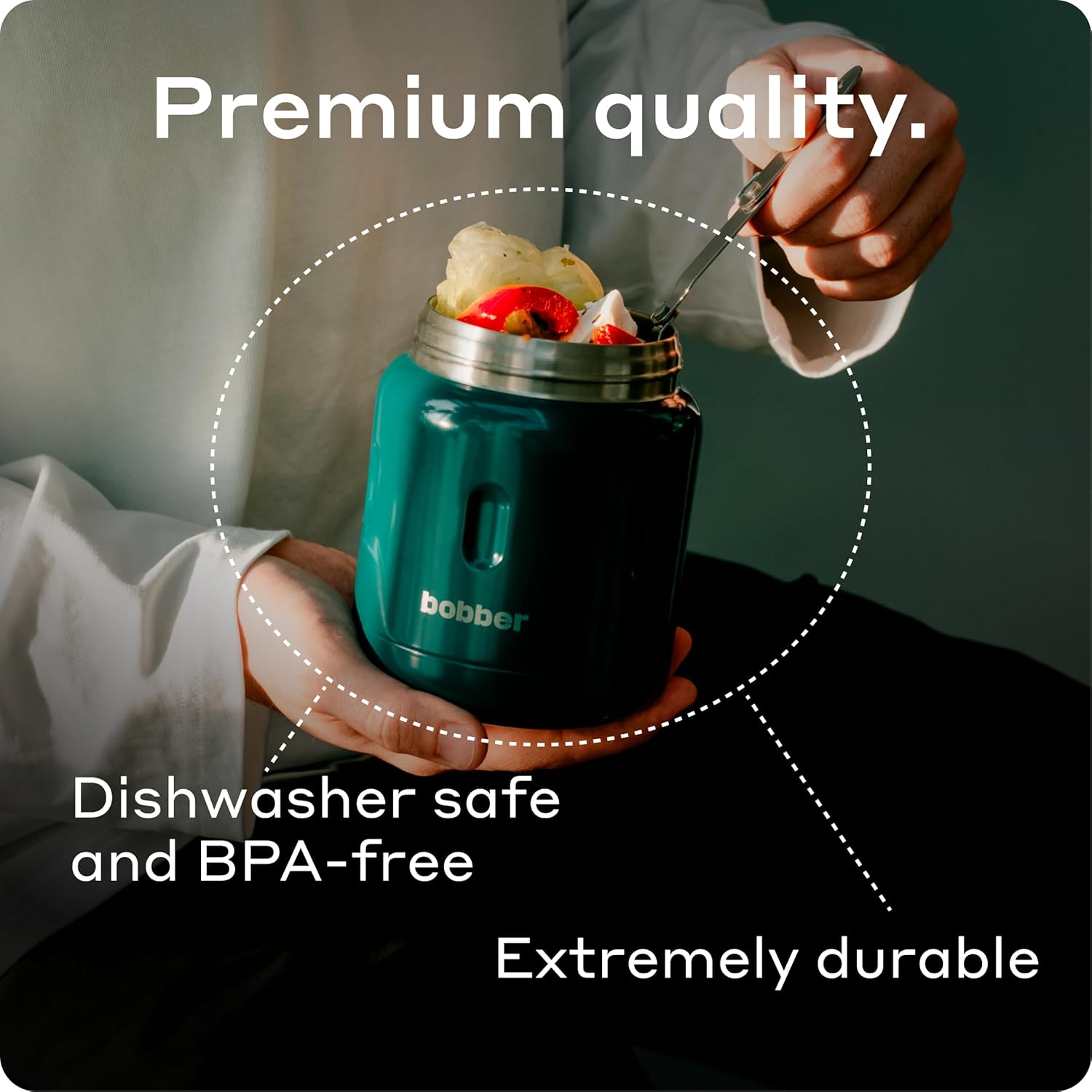 BOBBER 16 oz Insulated Stainless Steel Food Thermo for Hot Food, Extra-Wide Mouth Lunch Container for Adults with Spoon and Bowl, Dishwasher Safe - Keeps Meals Hot for 10 Hours (Grey)