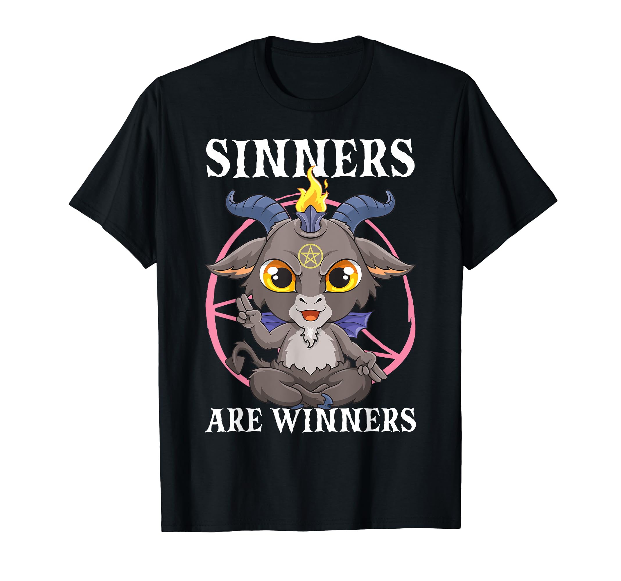 GoshWowSinners Are Winners Satanic Baphomet Satan Goat Pentagram T-ShirtOEKO-TEX STANDARD 100