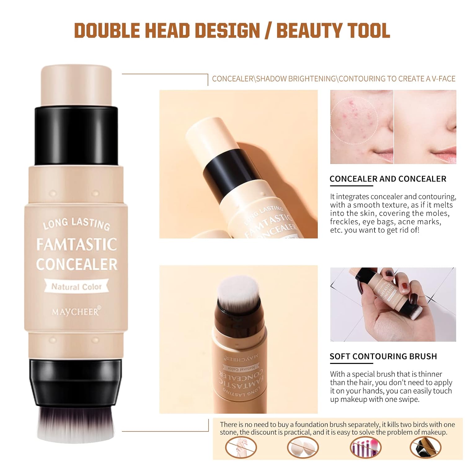 ONLYOILY 2 Pcs Contour & Highlighter Stick, Concealer & Bronzer Stick With Brush, Longwear Foundation Stick, Smooth, Blends Easily Face Makeup