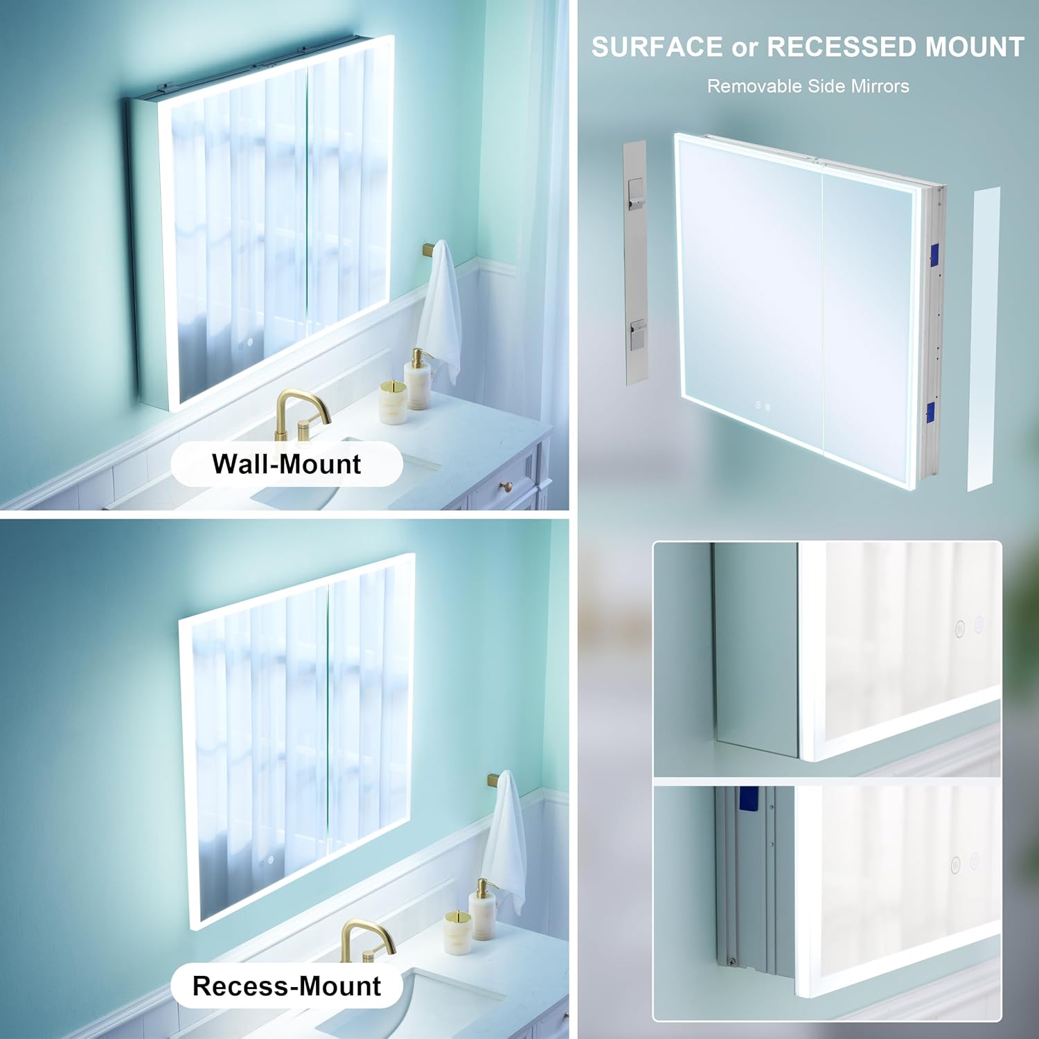 Interior view of the medicine cabinet showing sensor lights, outlets, and USB ports