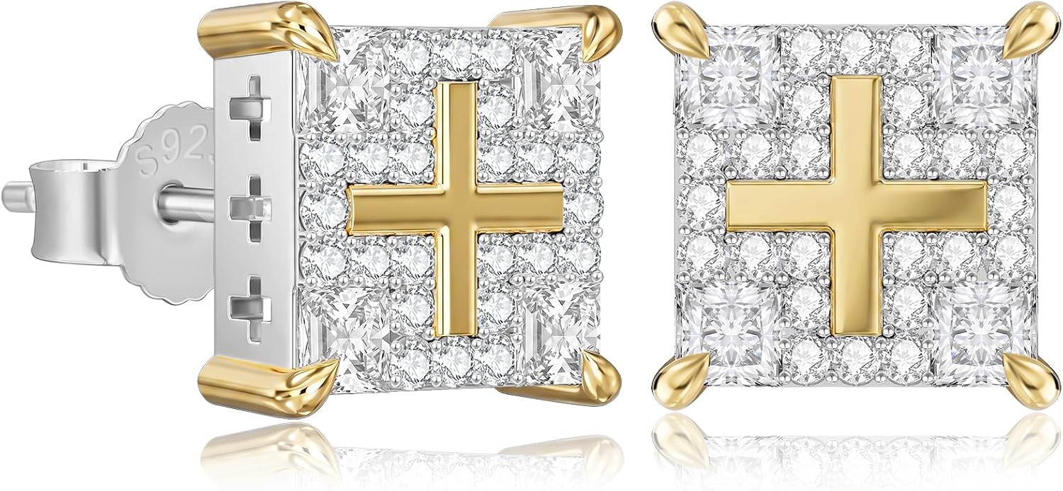 KRKC&CO Earrings Stud for Men, Sterling Silver Square Earrings, 14K/White Gold Plated Cubic Zirconia Iced Studs, Hypoallergenic Birthday Gifts with Box for Him, Hip-hop Jewerly