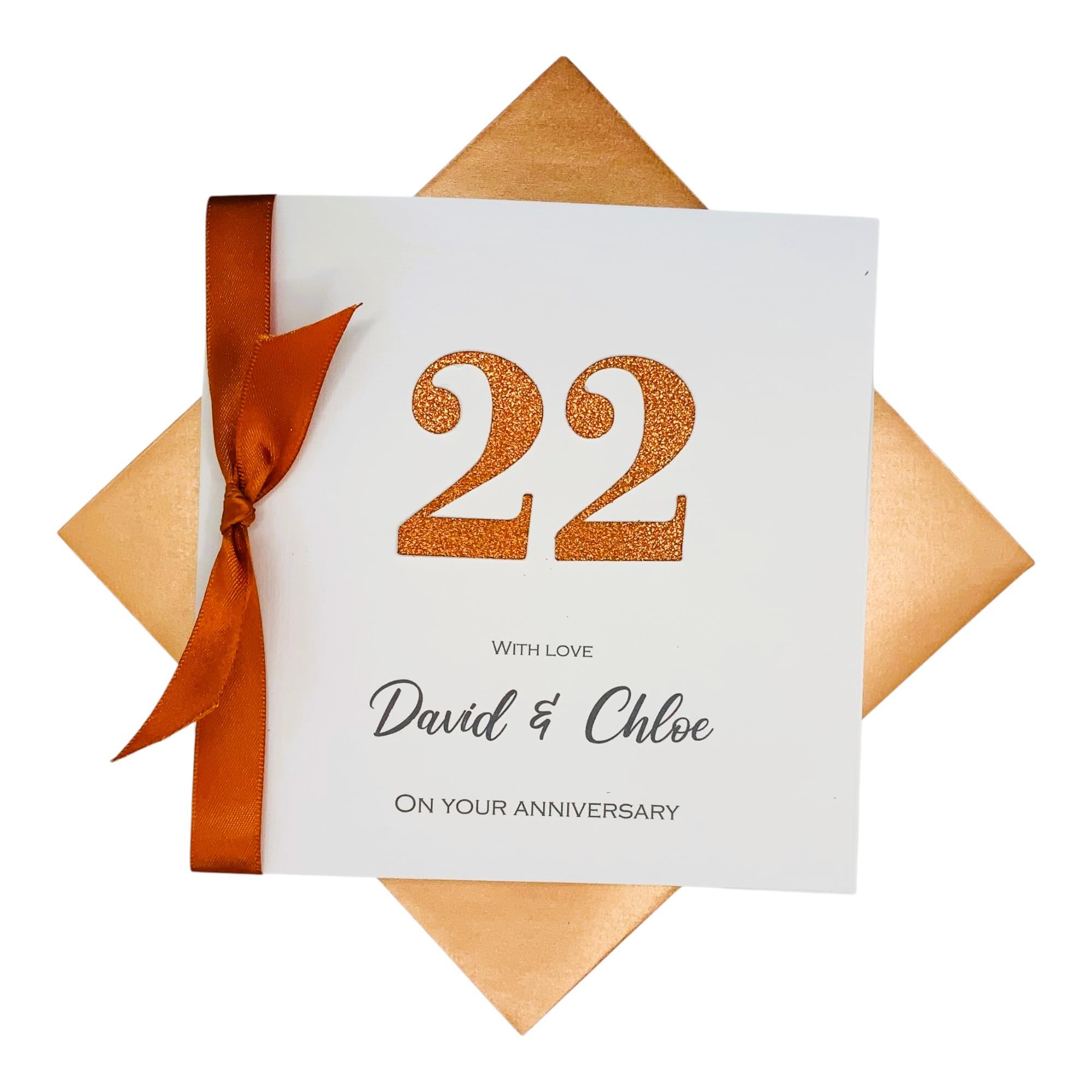 22nd Wedding Anniversary Card - Copper 22 Year Twenty Second Anniversary Greeting Card, Personalised Gift for Wife, Husband, Parents, Couple Friends - 18 Colour Choice (Glitter Number) — image 1
