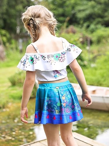 Miniatura 6 de COTRIO Traje de baño de princesa para niñas, traje de baño floral con volantes de 2 piezas, traje de baño de playa con hombros descubiertos