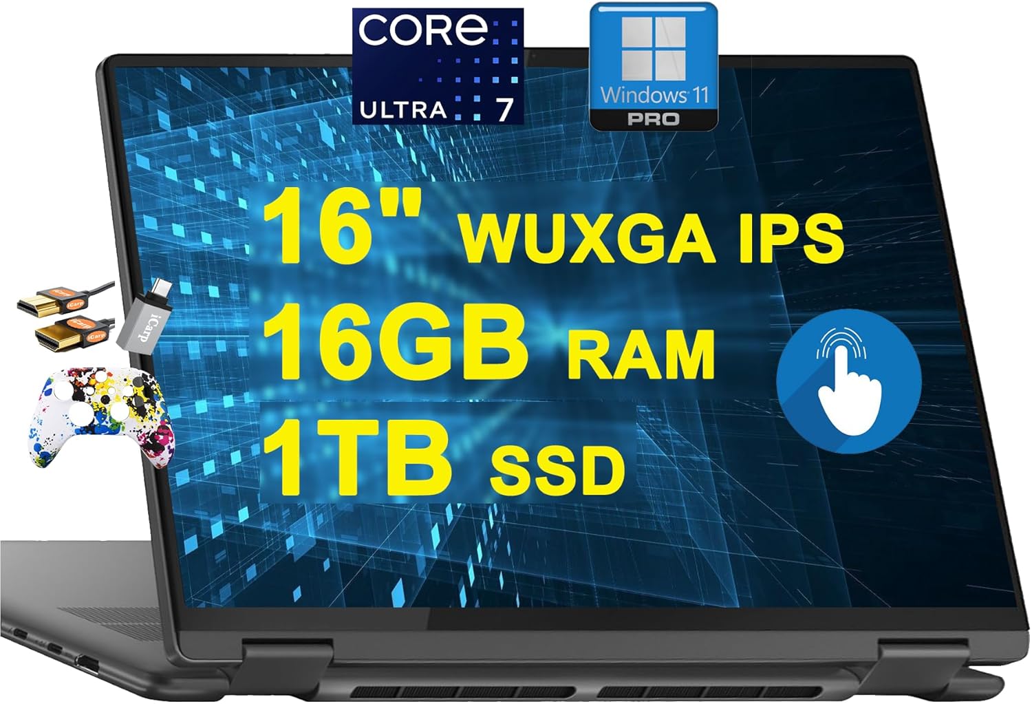 Lenovo Yoga 7 16 2-in-1 AI PC Laptop 16" WUXGA IPS Touch Glossy Intel 12-core Ultra 7 155U 16GB RAM 1TB SSD Backlit Fingerprint Thunderbolt FHD IR Privacy Camera Win11Pro + 3-in-1 Accessories