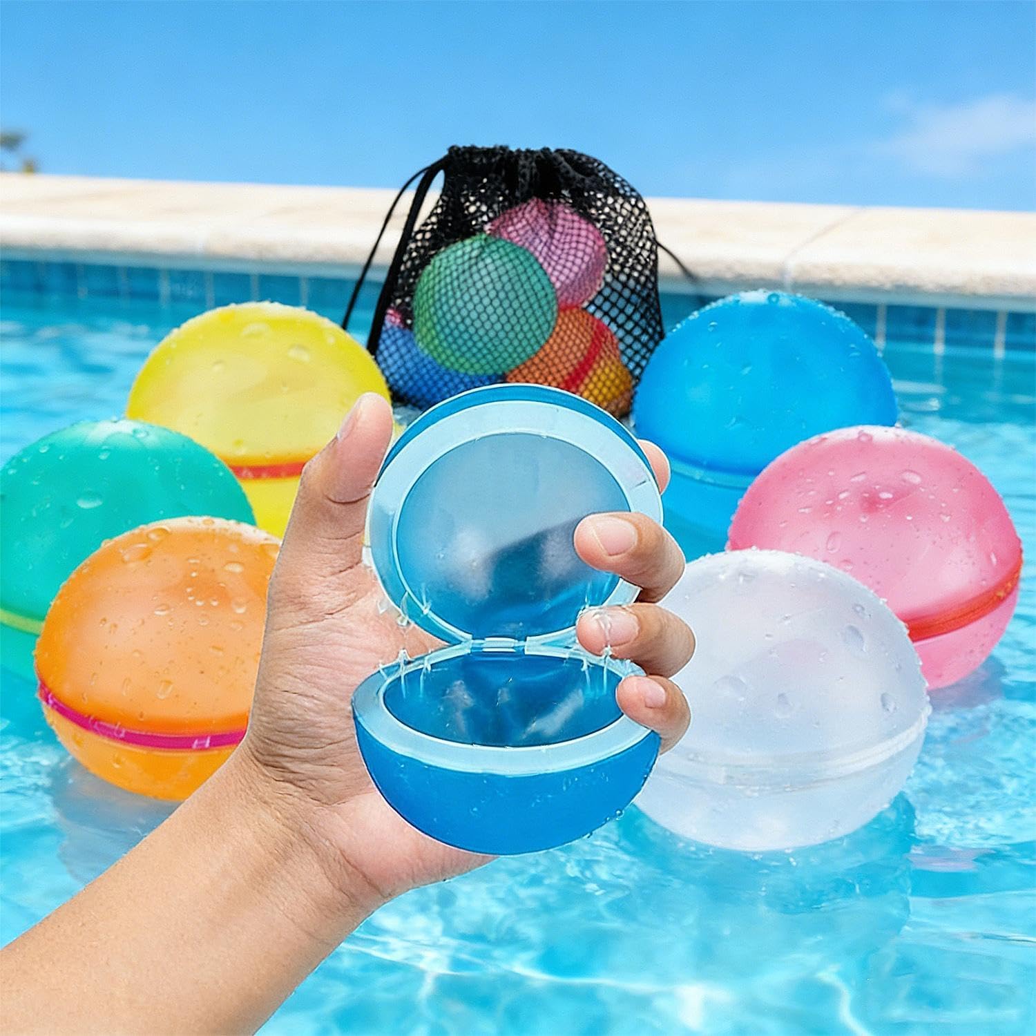 8 PCS Reusable Water Balloons with Mesh Storage Bag, Refillable Magnetic Balls for Outdoor Games, Self Sealing Water Splash Bomb Quick Fill for Summer Fun (Colorful, 6x6x6cm)