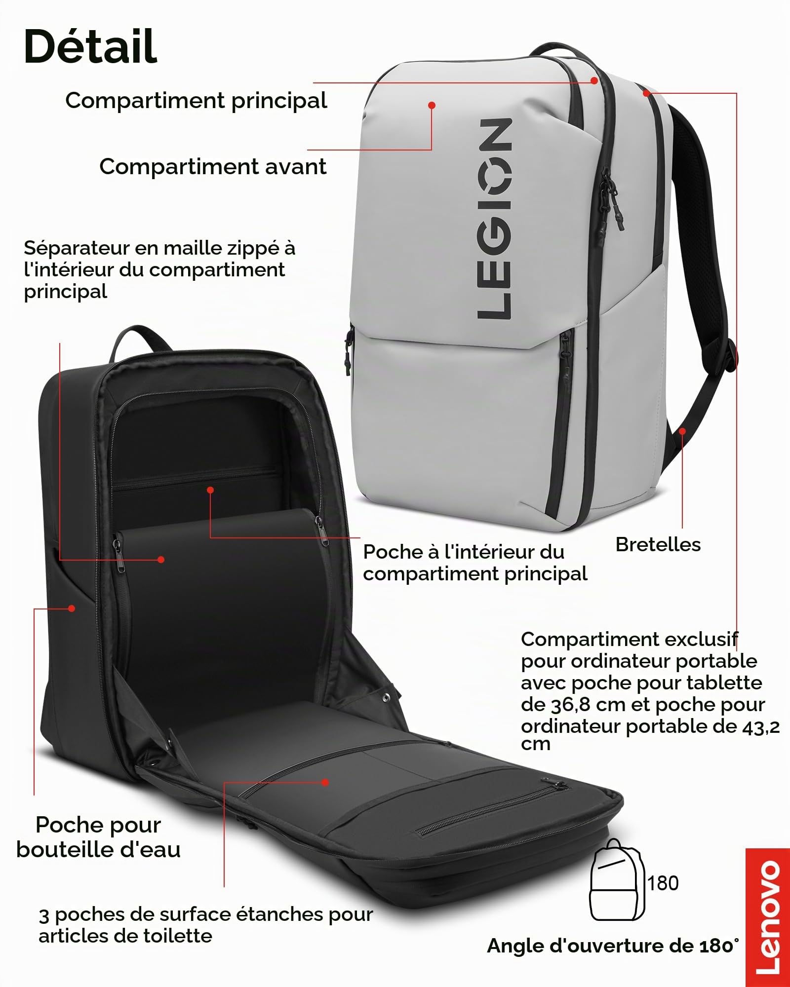 Lenovo - Sac à dos Gaming Legion 17" GB800 (étanche, capacité jusqu'à 21 litres, ouverture à 180°, poches pour ordinateur, tablette, bouteilles d'eau, sangles ergonomiques) - Couleur gris clair