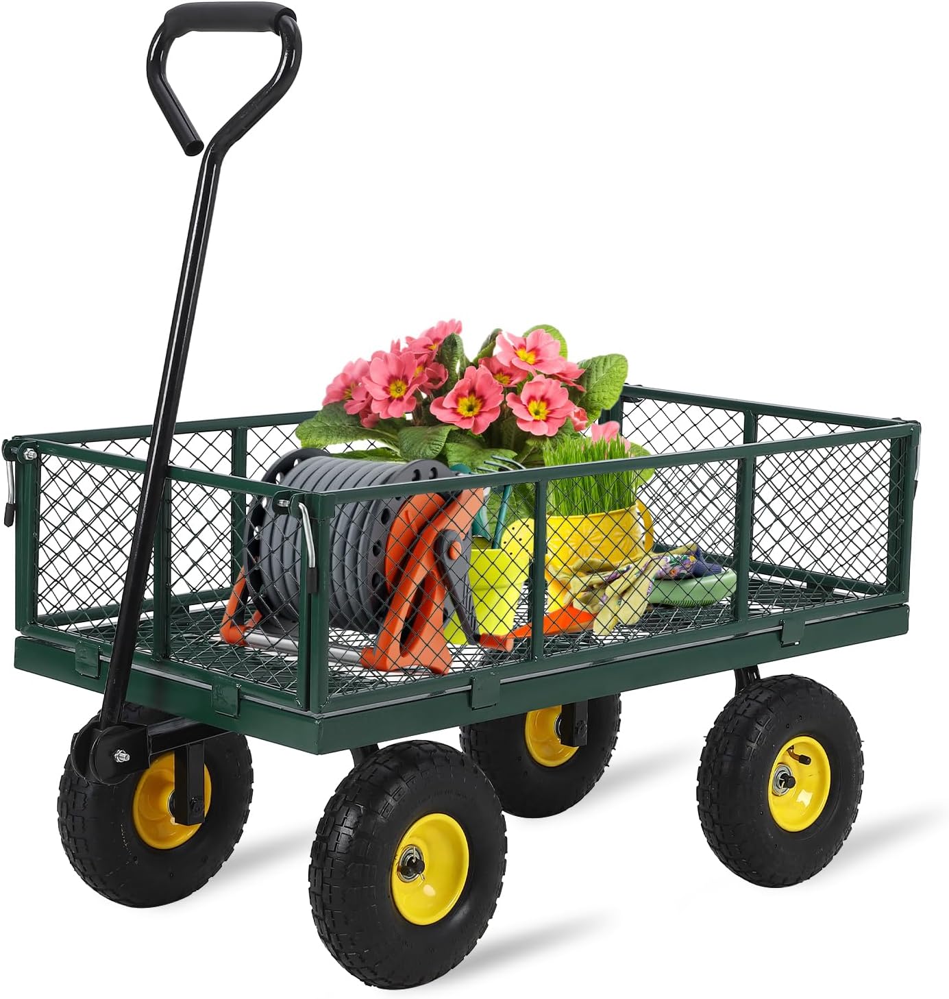 GarveeLife Garden Cart on Wheels 1100 LBS Capacity, Heavy Duty Full Steel Utility Wagon, Versatile Flatbed Carts with Removable Mesh Sides, 180° Rotating Handle, Fit for Outdoor Garden, Lawn, Yard