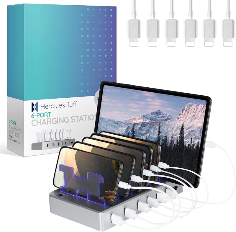 Estación de carga rápida para múltiples dispositivos, base de carga USB de 6 puertos plateada | Tecnología Smart IC para carga segura, almacenamiento organizado, funciona con Apple iPhone 14 y versiones anteriores y iPads, para el hogar y la oficina