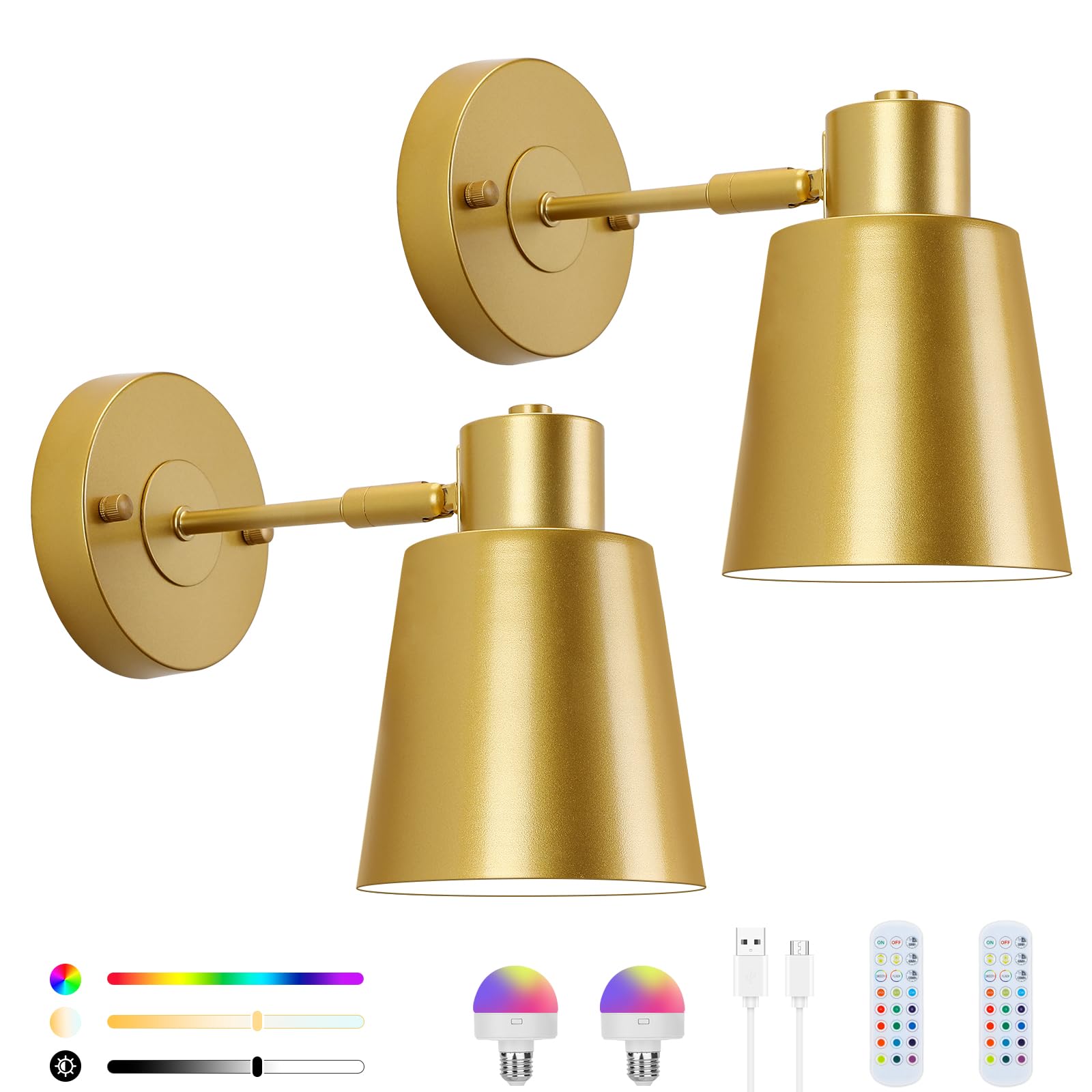 Lampop Lámpara de pared LED con batería sin conexión de alimentación, lámpara de pared interior inalámbrica, RGB táctil, atenuación infinita, para dormitorio, salón, bombilla extraíble, 2 unidades