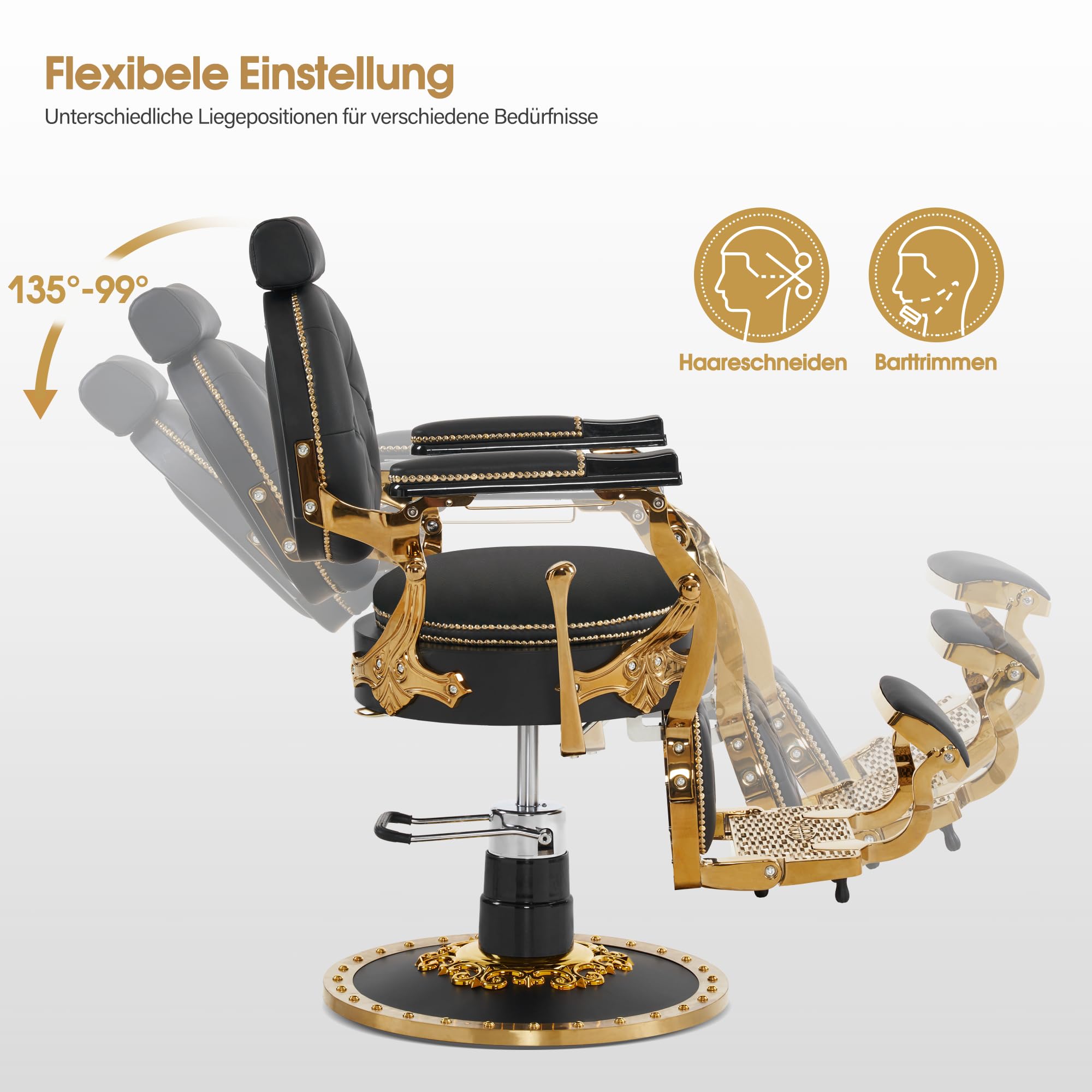 Barberpub Friseurstuhl mit Kopfstütze Kippbar, Barber Stuhl Retro Vintage, 360° Drehbar & Höhenverstellbar, Friseureinrichtung Hydraulisch, Kunstleder, 8688(Gold-Schwarz)