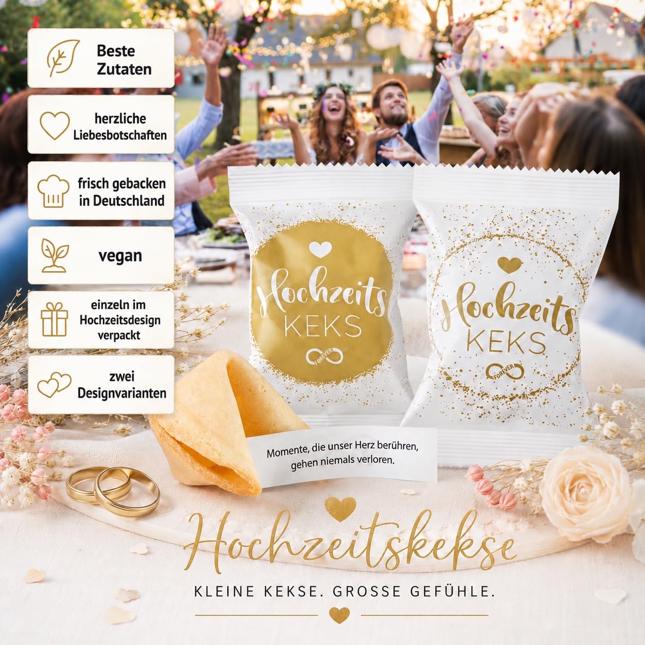 100er Box Hochzeits-Kekse (5 x hübsche 25er Aufsteller) | Glückskeks Hochzeiten als Hochzeitsdeko oder für die Candybar | frisch gebackene und vegane Idee & made in Germany