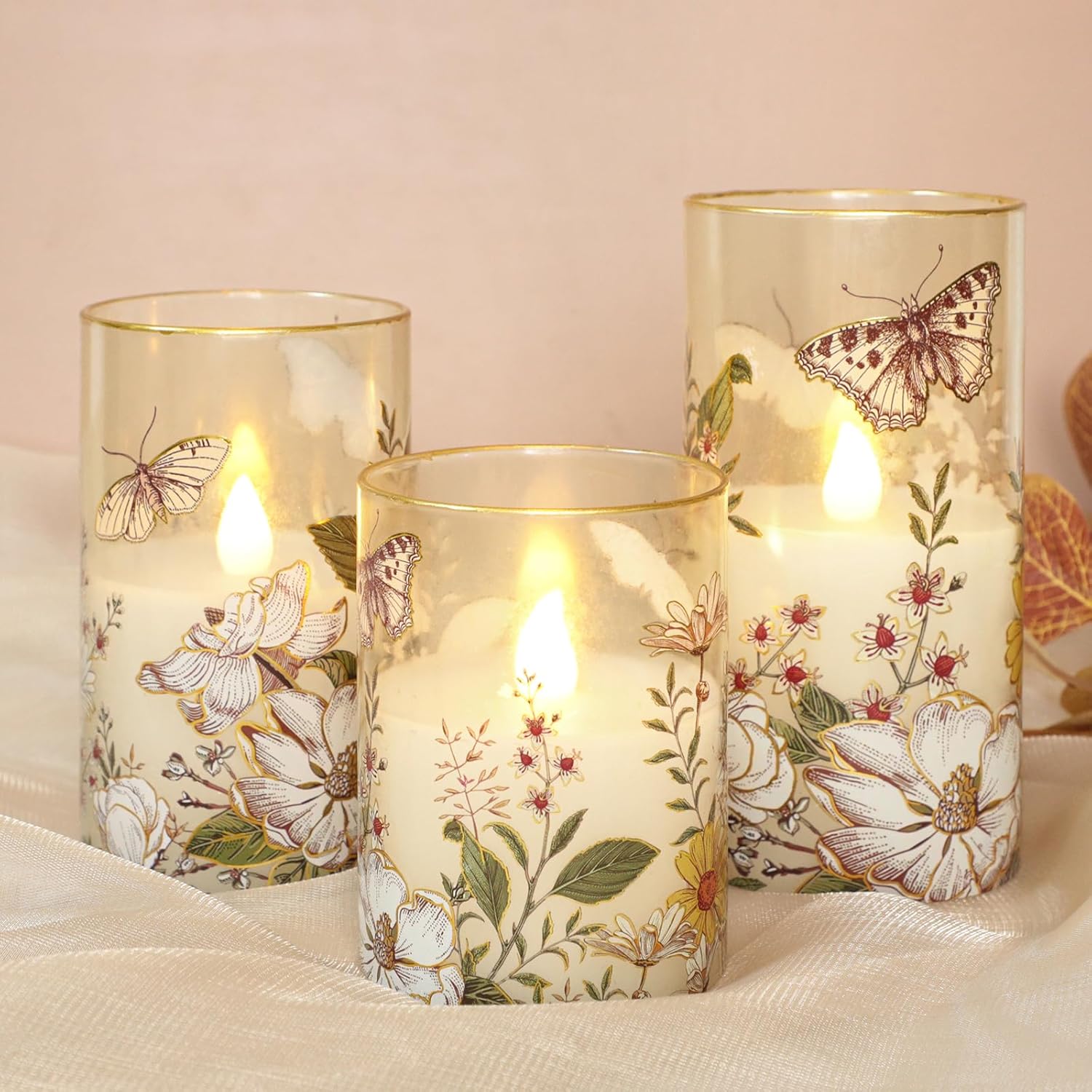 Impress Life Flameless Candles with Remote, 3PCS Butterfly Floral Glass Candles with 3D Flickering LED Wick, Battery Operated Candles for Spring Decor & Home