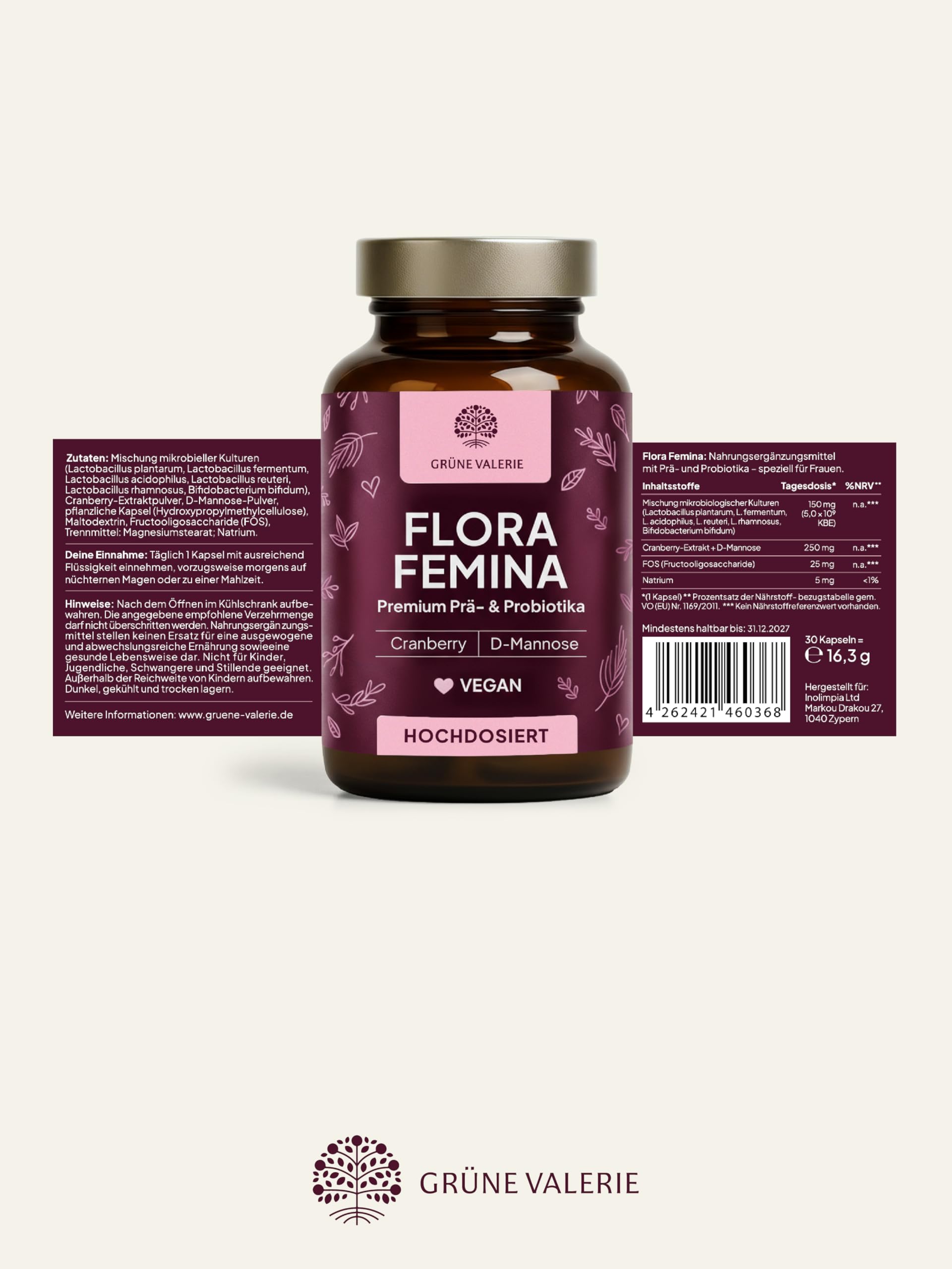 Grüne Valerie ® Intimflora 150 Mrd. KBE Milchsäurebakterien [HOCHDOSIERT 30 Portionen] – Prä- & Probiotika für Frauen mit D-Mannose & Cranberry – ausgewählte Stämme unterstützen Scheidenflora & Blase