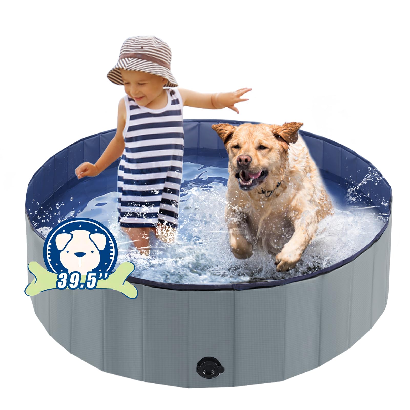Foldable Dog Bath Swimming Pool Plastic Kiddie Pool Professional Tub Collapsible Grooming Bathtub for Pets Kids Baby and Toddler, 39.5 x 12 Inches Gray