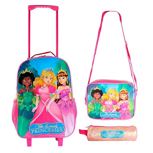 Conjunto Escolar Infantil Princesas, 3 Peças, Rosa Pink, Mochila com Rodinhas, Lancheira Térmica e Estojo