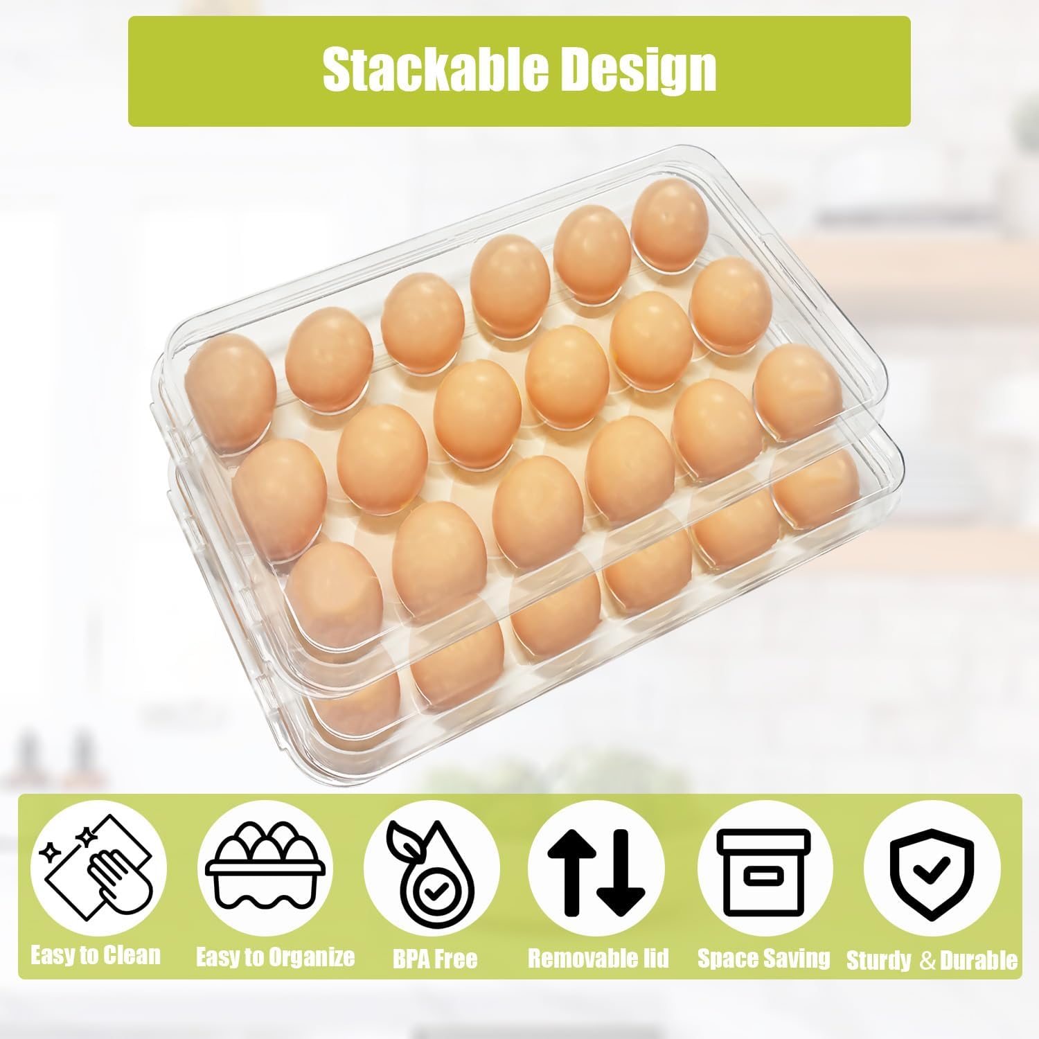Egg holder for fridge - deviled egg containers with lid, Clear Stackable Plastic Egg Holder, Space-Saving 36 Egg refrigerator Organizer (Clear, Pack of 02)
