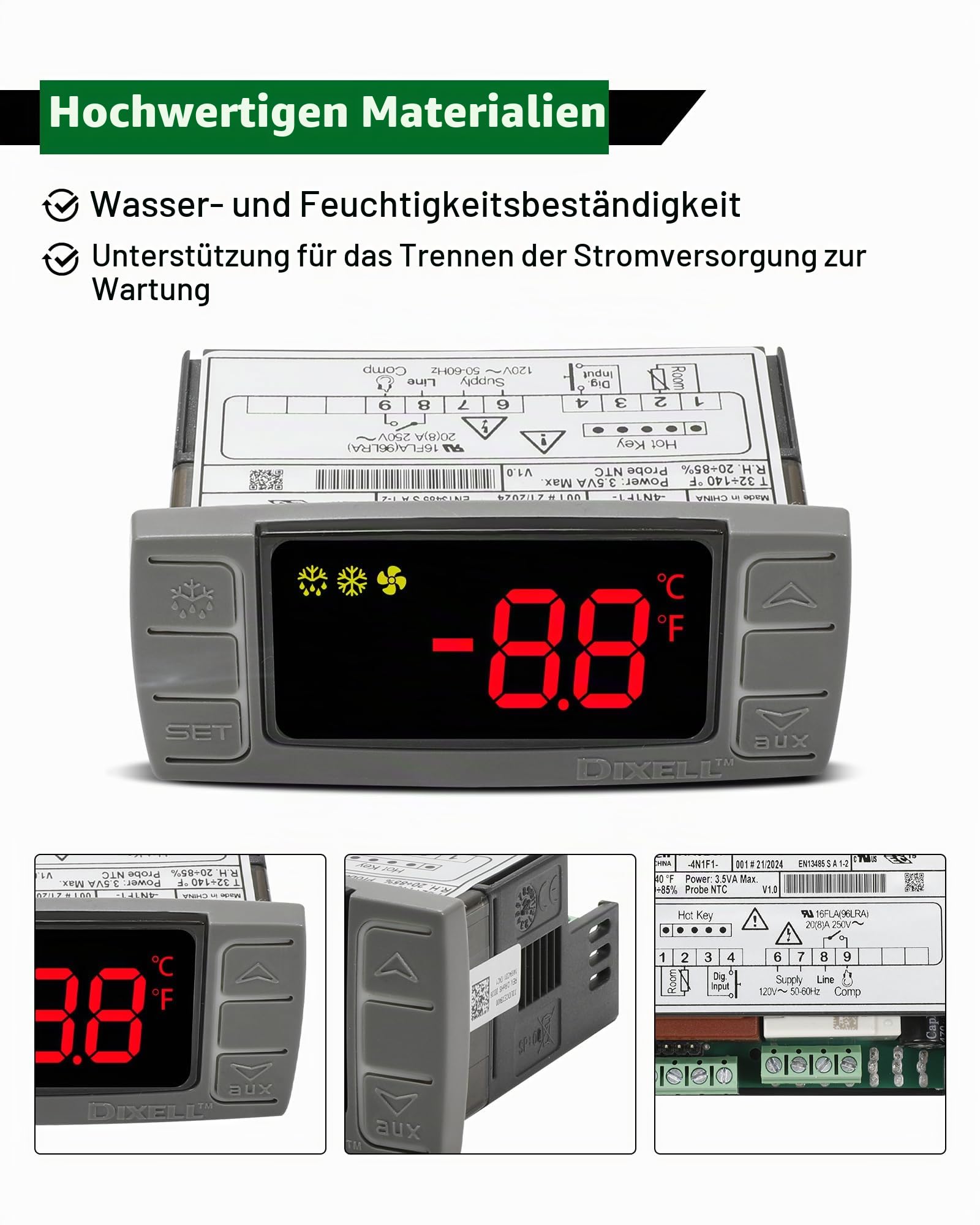 Dixell XR02CX-4N1F1 Temperaturregler, Ersatz für Dixell Temperaturregler, passend für 120 V 50-60 Hz kommerzielle Kühlschränke / Gefrierschrank, mit Temperatursensorsonden und Verschluss