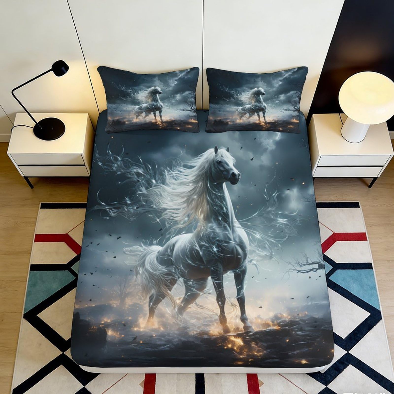 3D Printed Majestic White Horse Fitted Sheet Microfiber Soft Artistic Storm Bed Cover for Bedroom Decor Protection 90x200x25cm