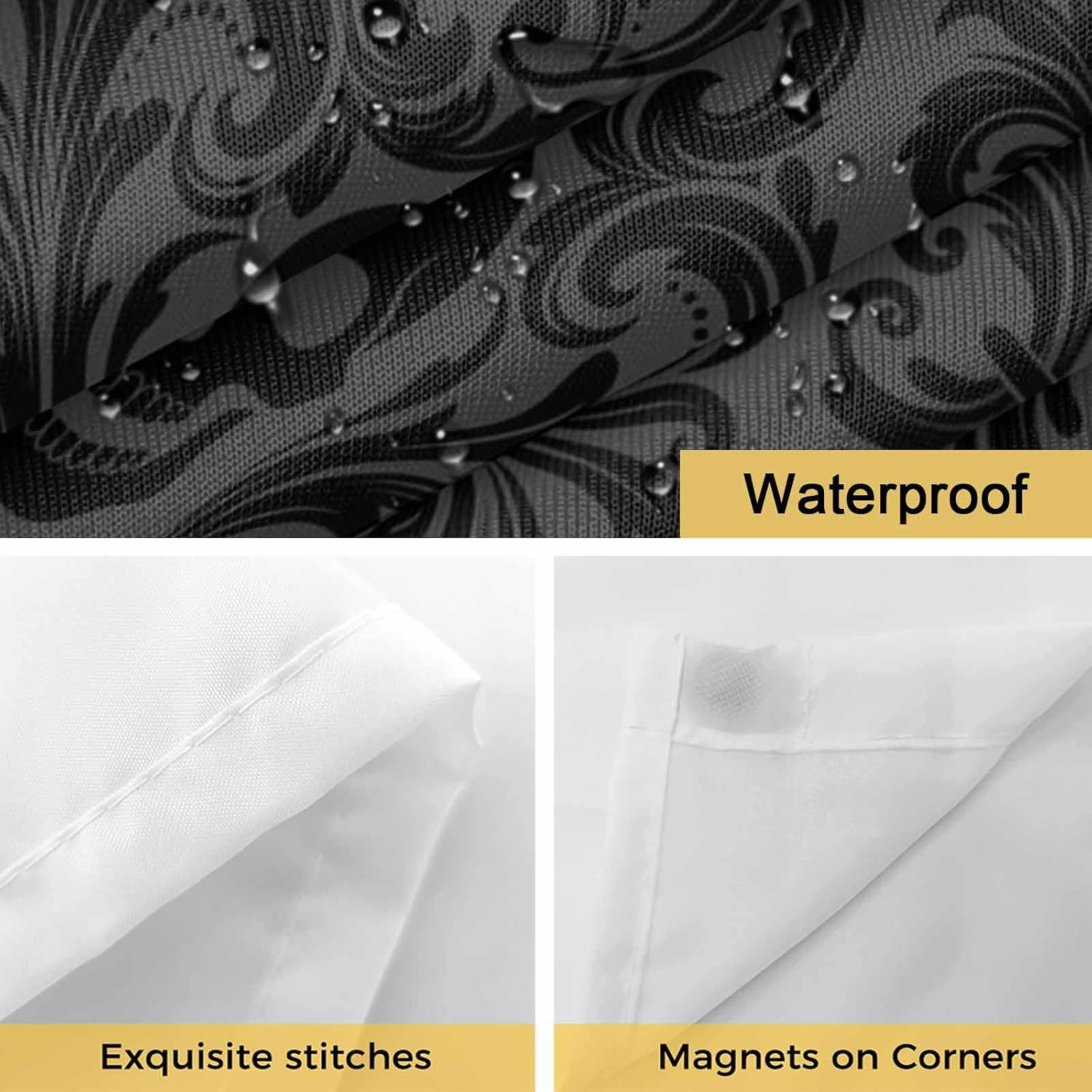 Baroque Style No Hook Shower Curtain with Snap in Liner Grey Black Skull Classical Floral Mysterious Shower Curtain for Bathroom, Fabric Waterproof Inner Liner with Mesh Top Window, 72x72