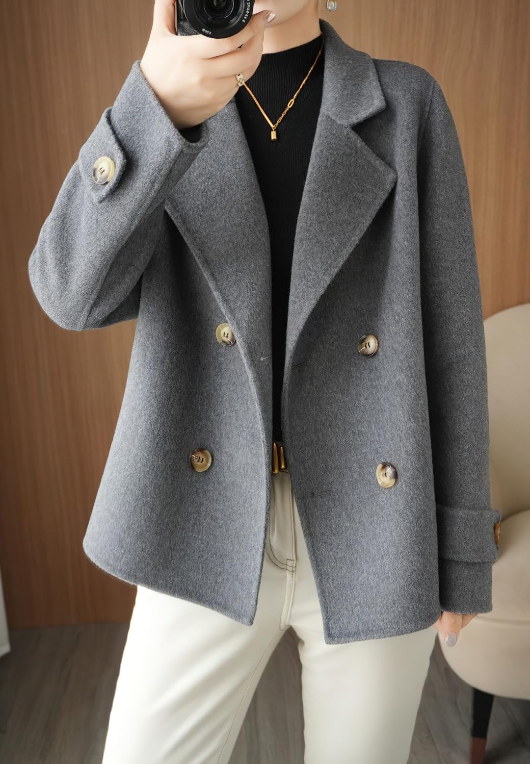 Ru Sweet Women's Double Breasted Woolen Pea Coat Fall Winter Casual Business Dressy Blazer Overcoat