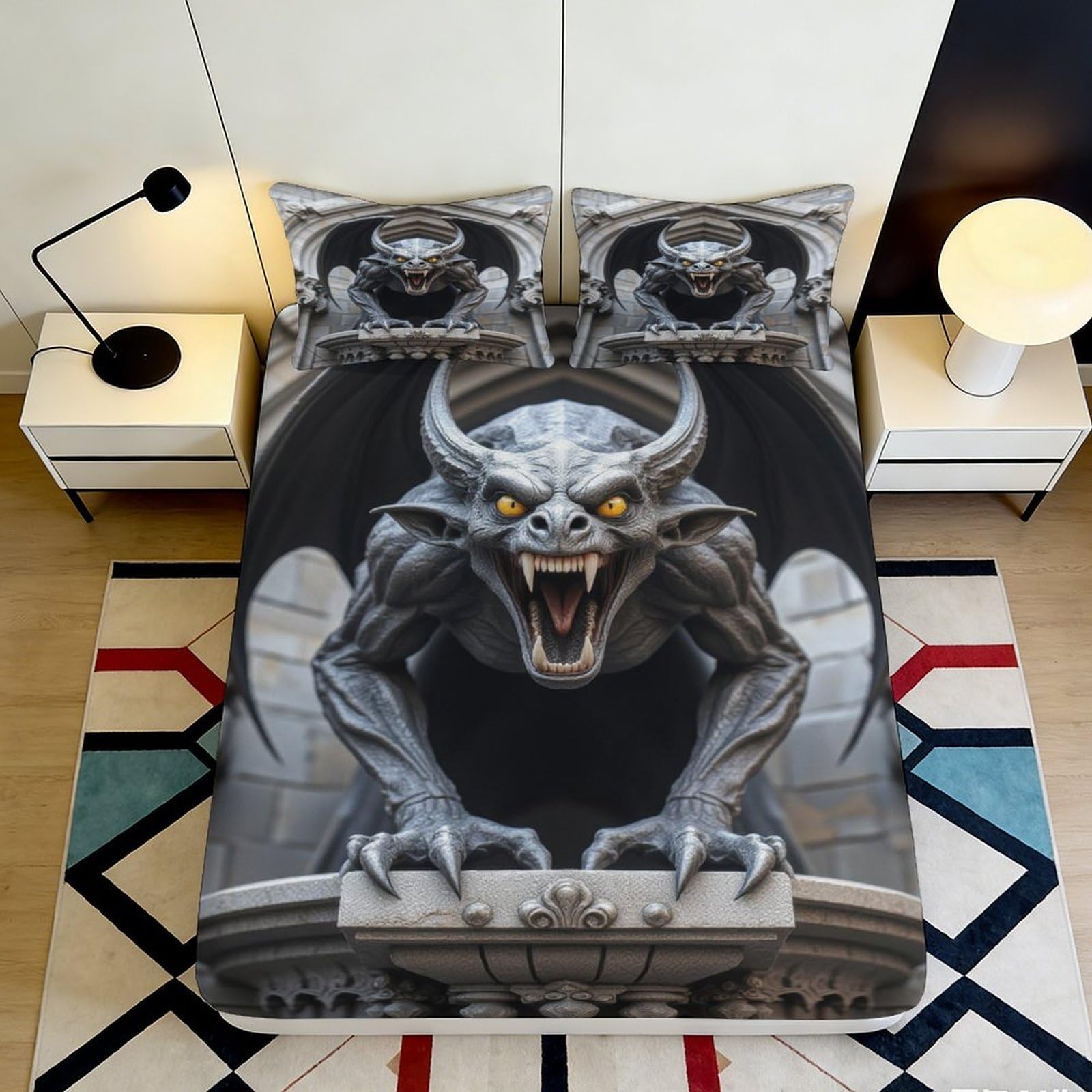3D Printed Fantasy Demon Fitted Sheet Microfiber Deep Pocket Bedroom Bedding Gothic Mattress Fitted Cover Washable 200x200x25cm 90x200x25cm