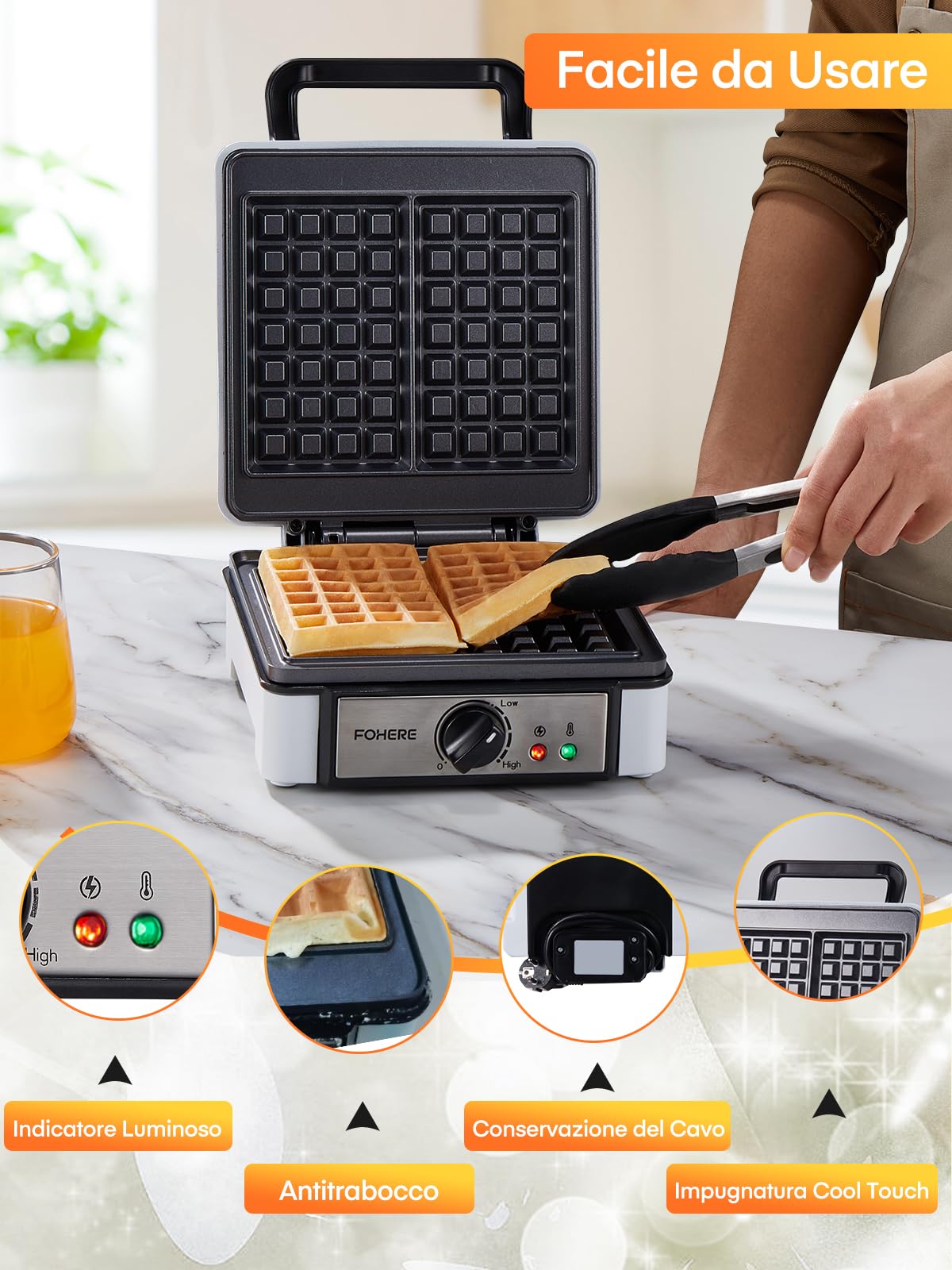 FOHERE Macchina per Waffle Doppia, Temperatura Regolabile, Rivestimento Antiaderente, Piastra Waffle Elettrica, Waffle Maker a 2 Fette, Manico a Tocco Freddo, Piastra per Waffle 1200 W