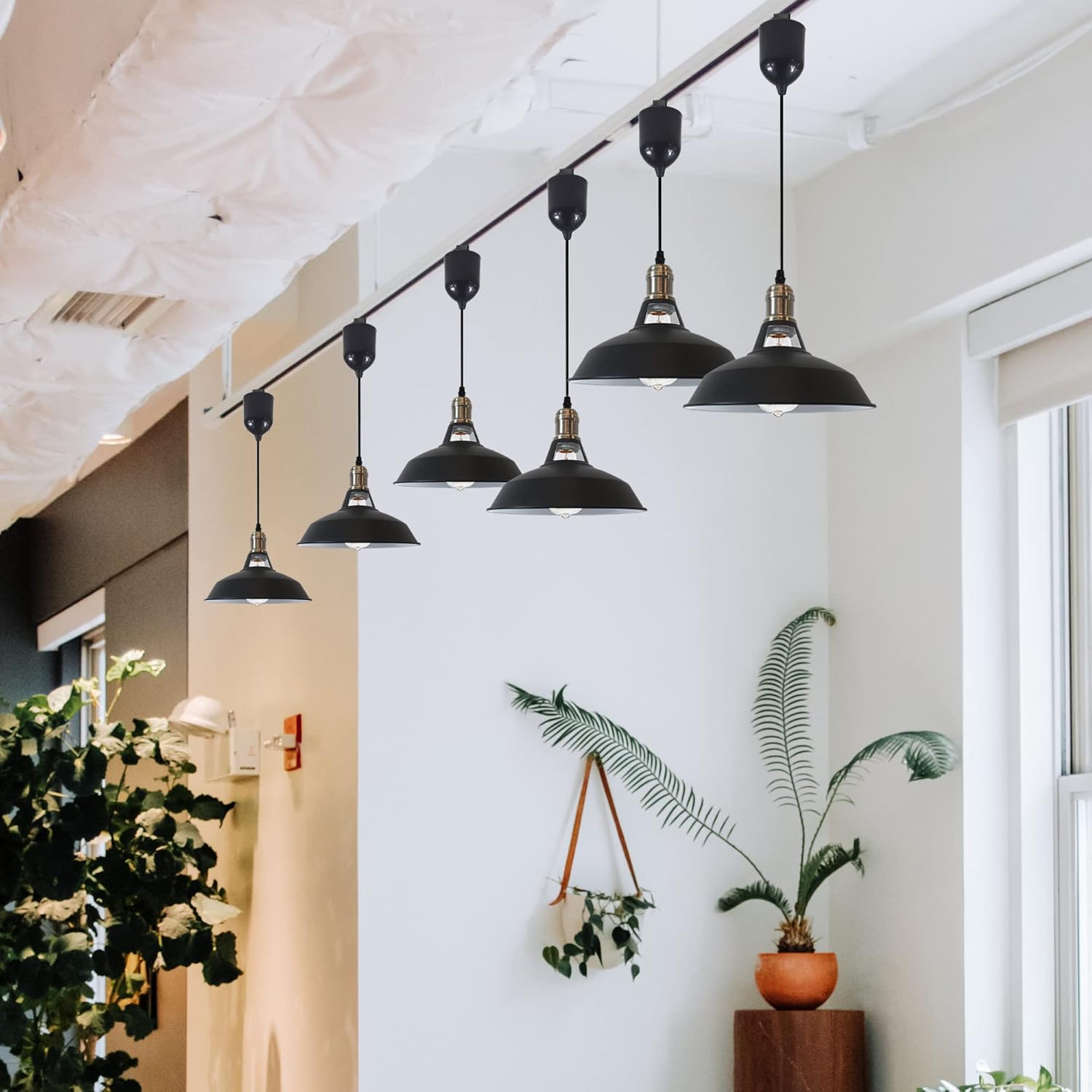 Adjustable Levitate H Type Track Lighting Pendants Industrial Style Black Iron Shade Instant on Retractable Lift Track Mount Pendant Light Decorate for Kitchen Dinning Table 4 Ft Cord