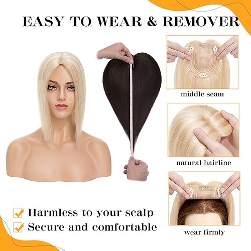 Miniatura 5 de S-noilite Toppers para el cabello humano real para mujer, sin flequillo, #18P613 rubio ceniza y rubio decolorado, 12 pulgadas, piezas de cabello