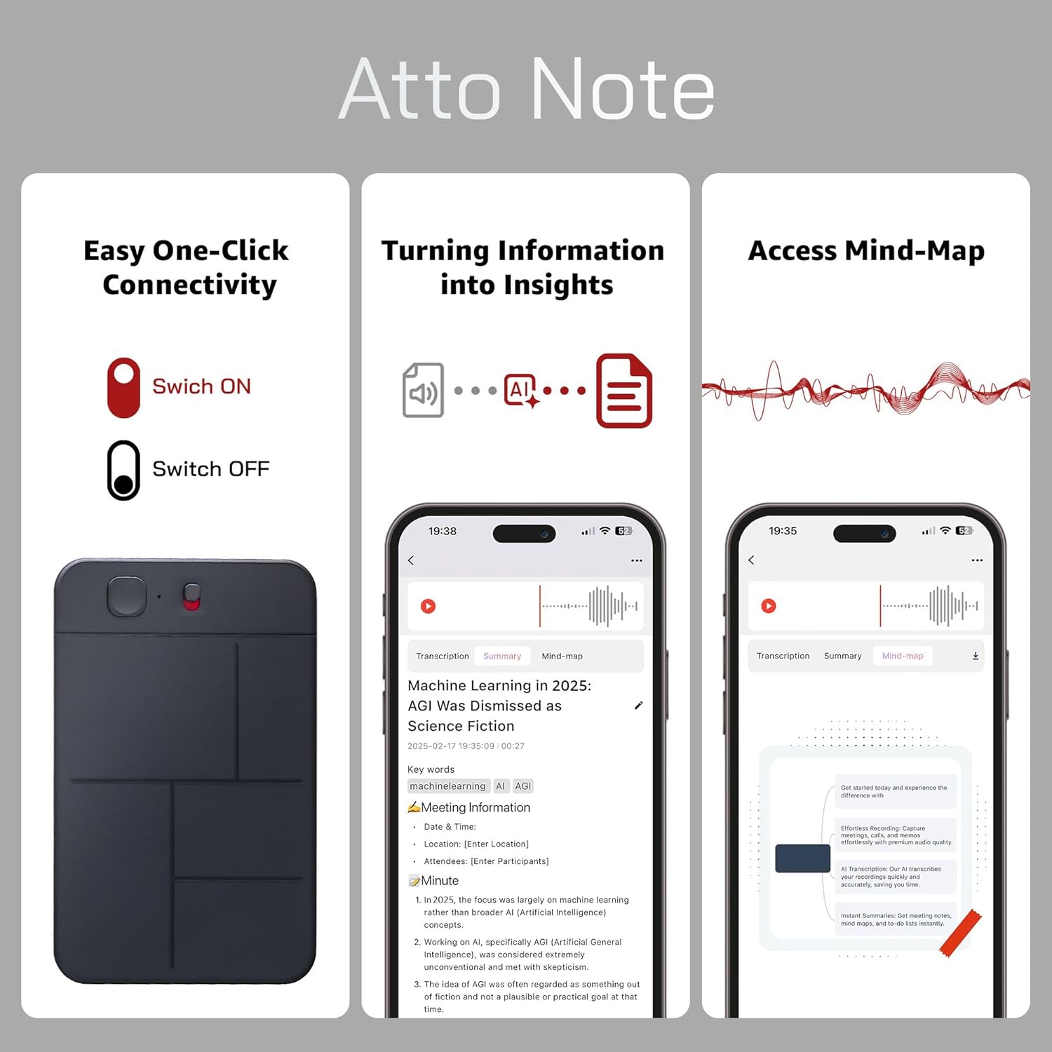Close-up of the Atto Note AI Voice Recorder showing the power switch and indicator light.