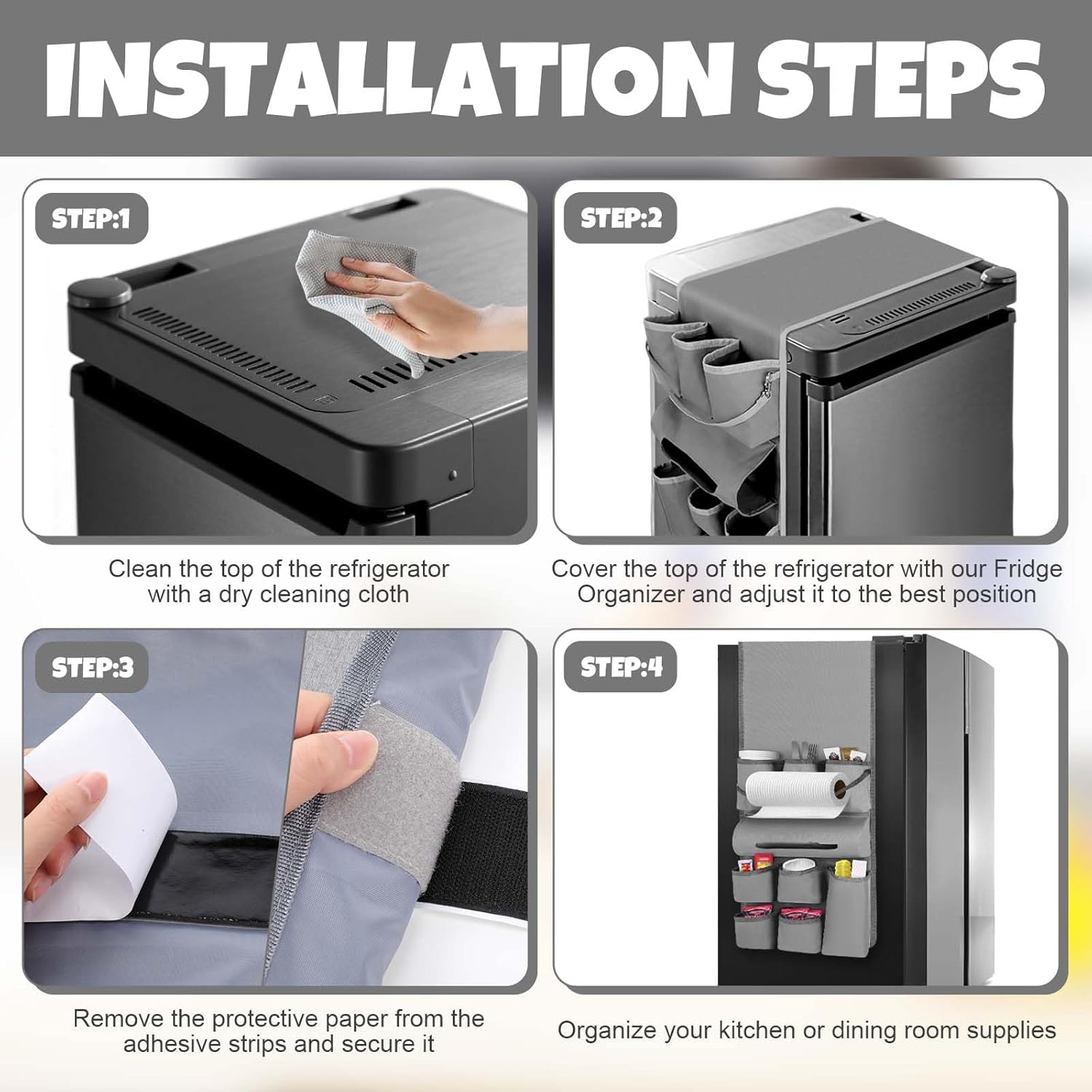 Weysat Mini Fridge Organizer with 14 Pockets Dorm Essentials Dust Cover for Household Refrigerators Mini Fridge Hanging Caddy Organizer Storage Bag for Kitchen Dorm Office Home School (Gray)