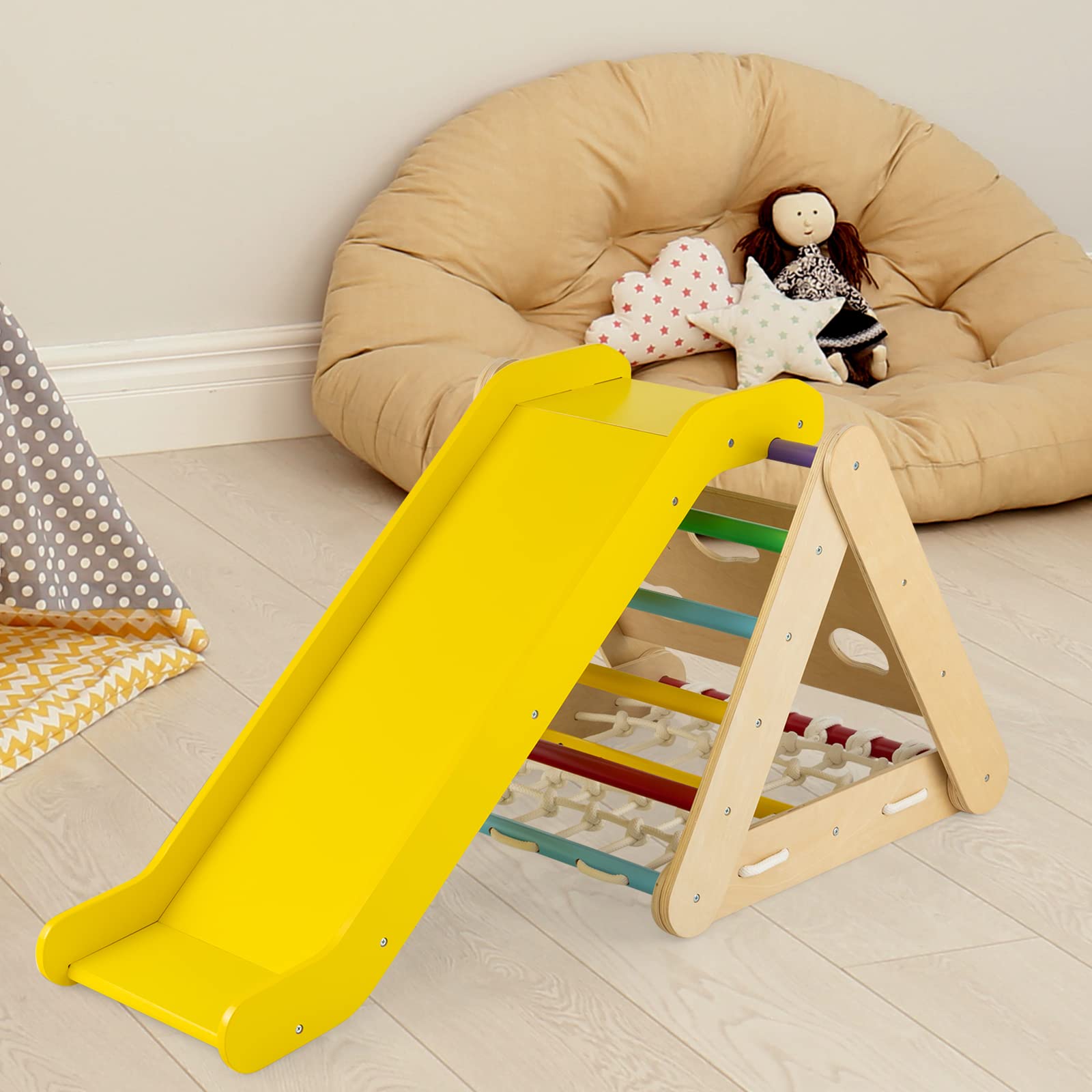 HOMASIS Set di Arrampicata per Bambini con Scivolo, Parco Giochi Bambini Interno in Legno, Triangolo da Arrampicata Montessoriano per Bambini da 1+ Anni, Capacità 50kg (Colorato)